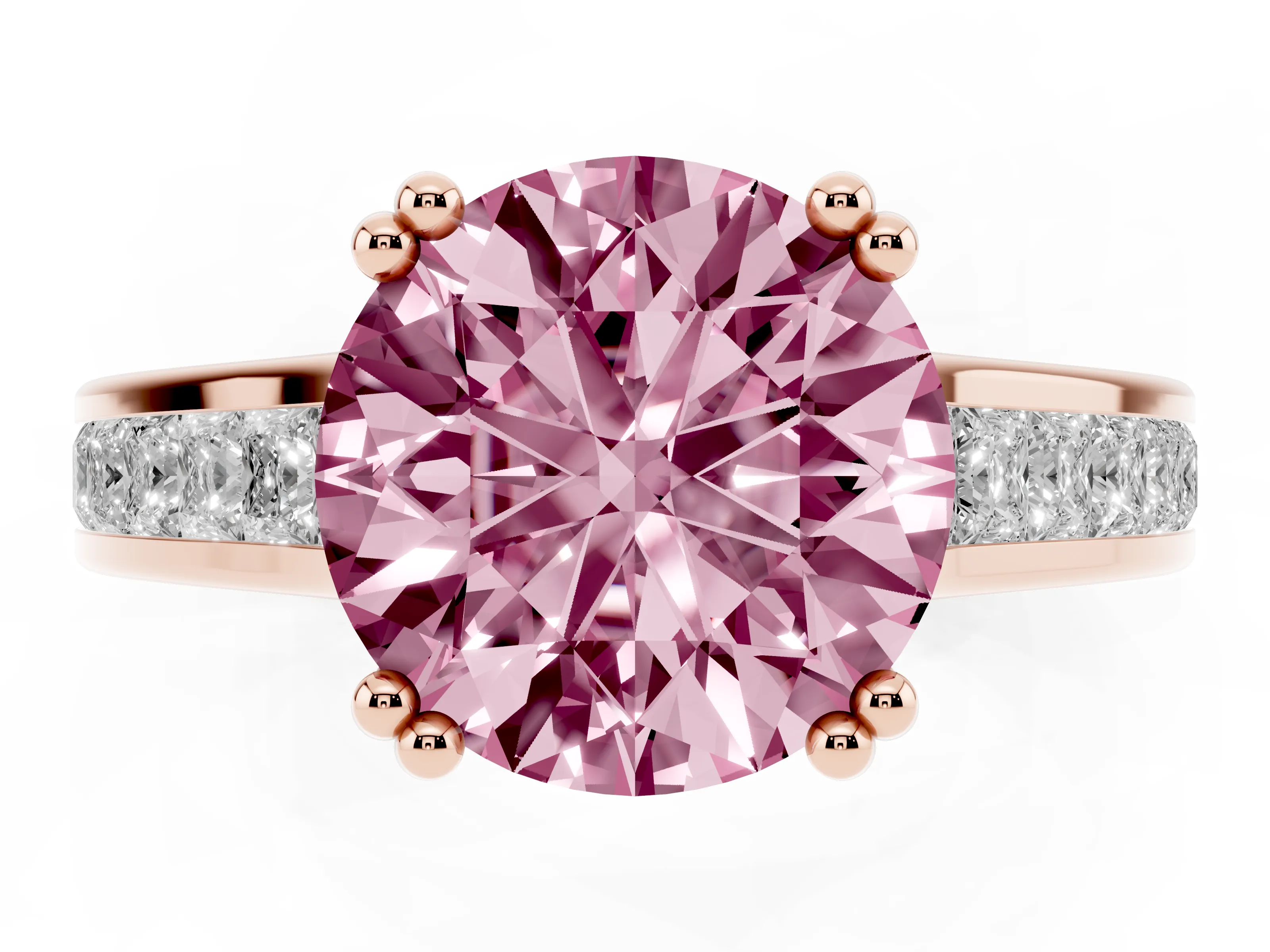 Fancy Pink Round Cut Diamond Channel Set Solitaire Engagement Ring Set in Rose gold with Prong Setting