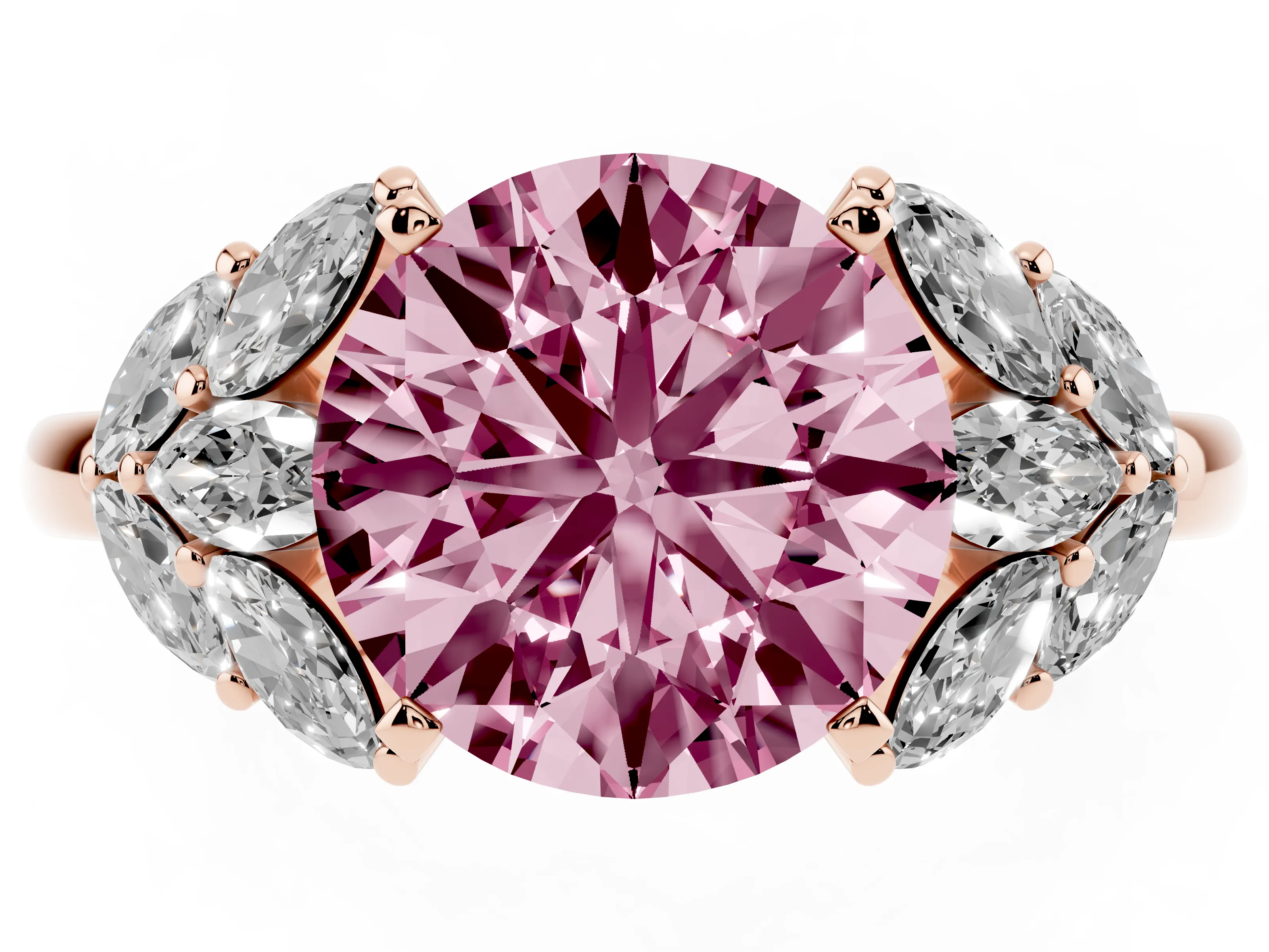 Fancy Pink Round Cut Diamond Cluster Leaf Design Ring Set in Rose gold with Prong Setting
