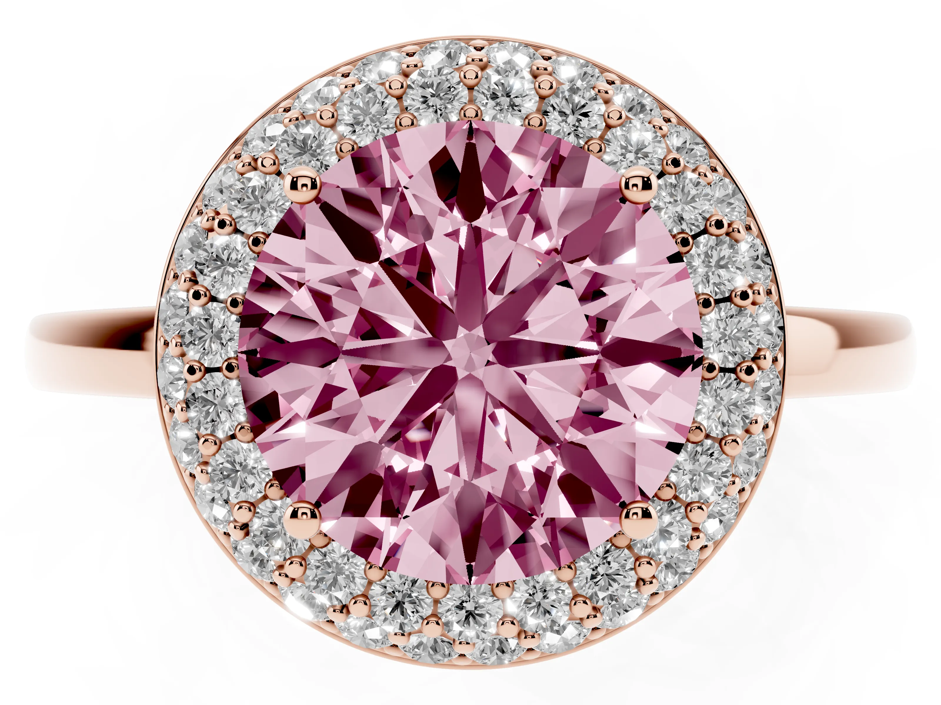 Fancy Pink Round Cut Diamond Halo Engagement Ring Set in Rose gold with Solitaire Band and Prong Setting