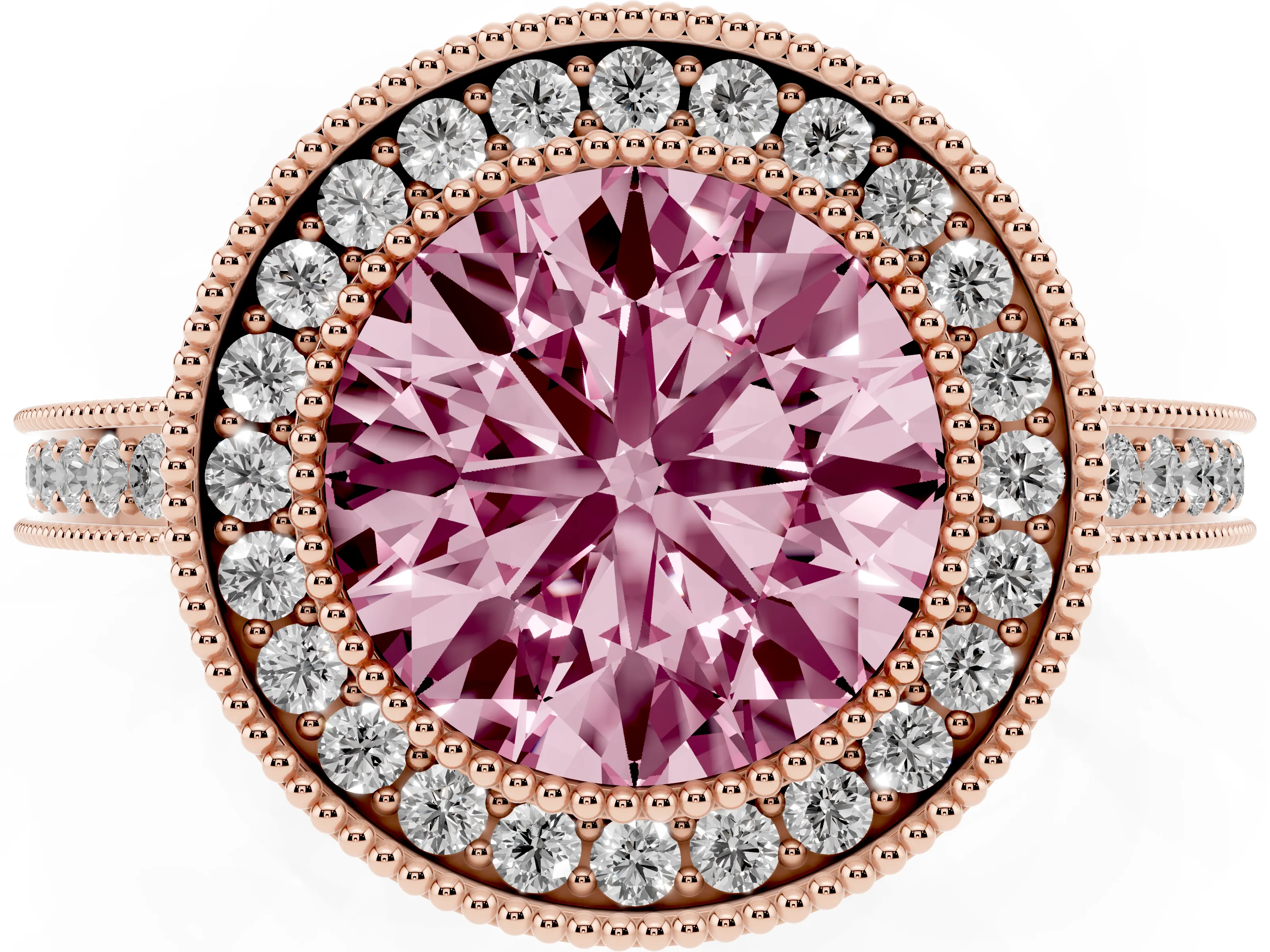 Fancy Pink Round Cut Diamond Halo Ring Set in Rose gold with Pavé Band and Milgrain-Edged Prongs