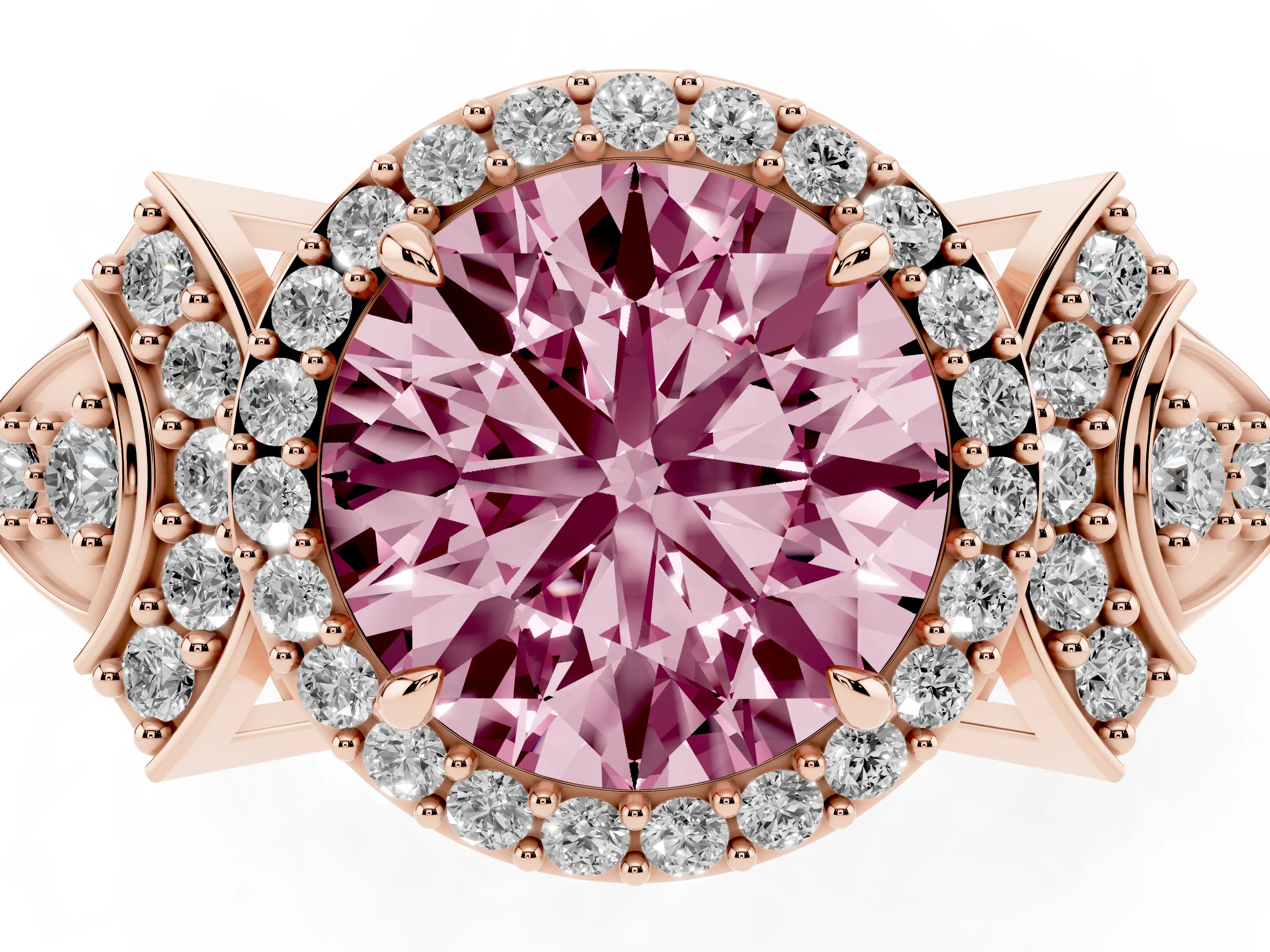 Fancy Pink Round Cut Diamond Halo Engagement Ring Set in Rose gold with Accent Stone Split Shank