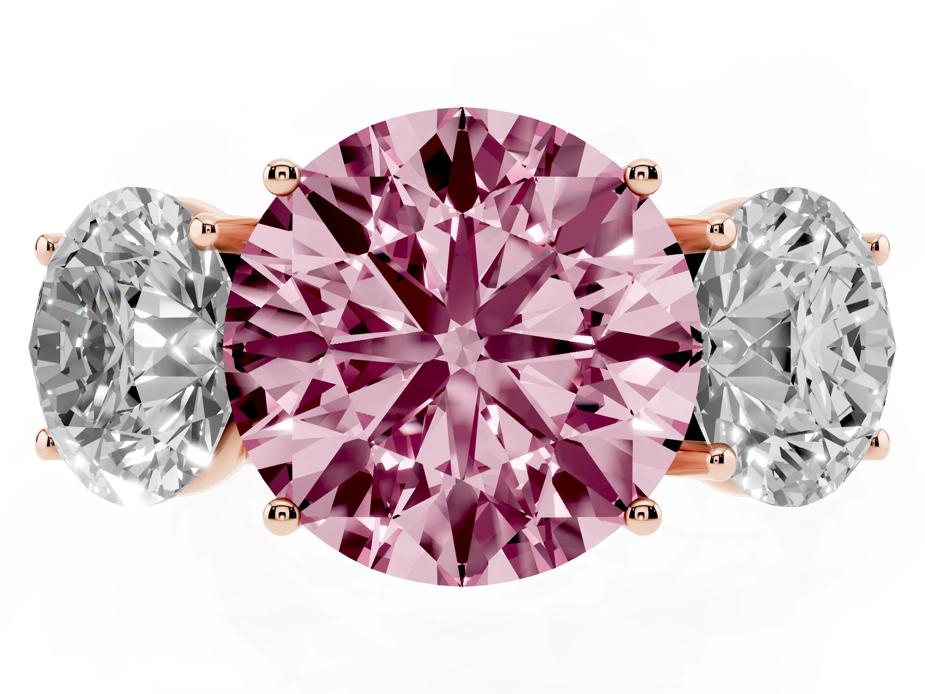 Fancy Pink Round Cut Diamond Three-Stone Ring Set in Rose gold with Braided Band