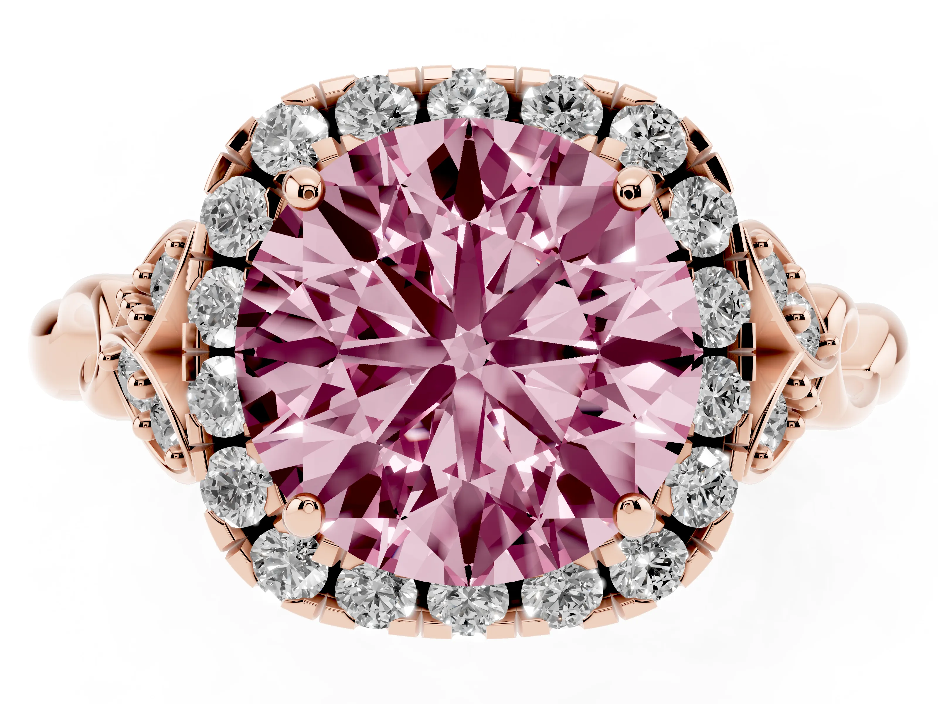 Fancy Pink Round Cut Diamond Halo Engagement Ring Set in Rose gold with Vintage-Inspired Band and Prong Setting