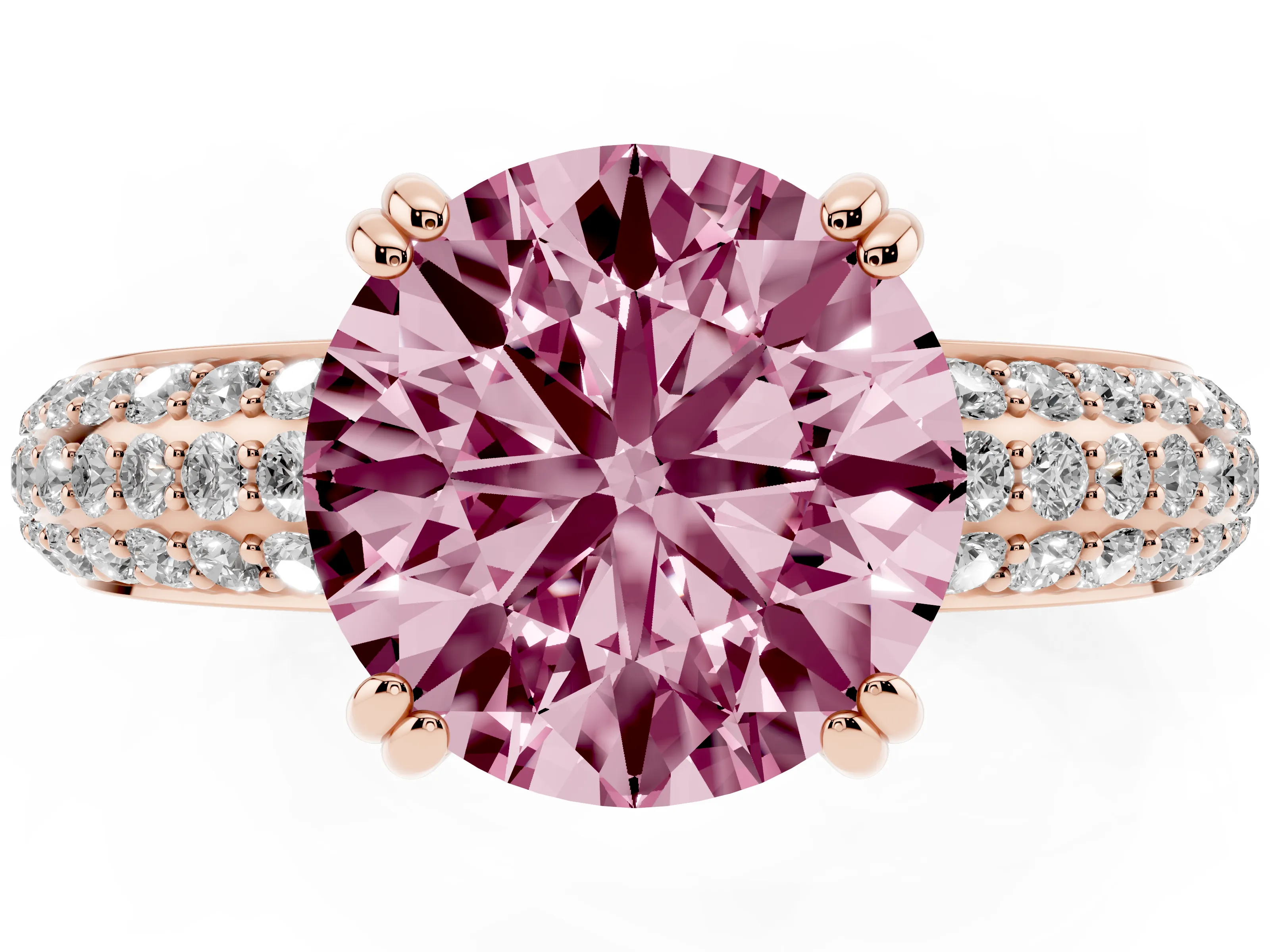 Fancy Pink Round Cut Diamond Solitaire Ring Set in Rose gold with Multi-Row Round Pavé Band and Prong Setting