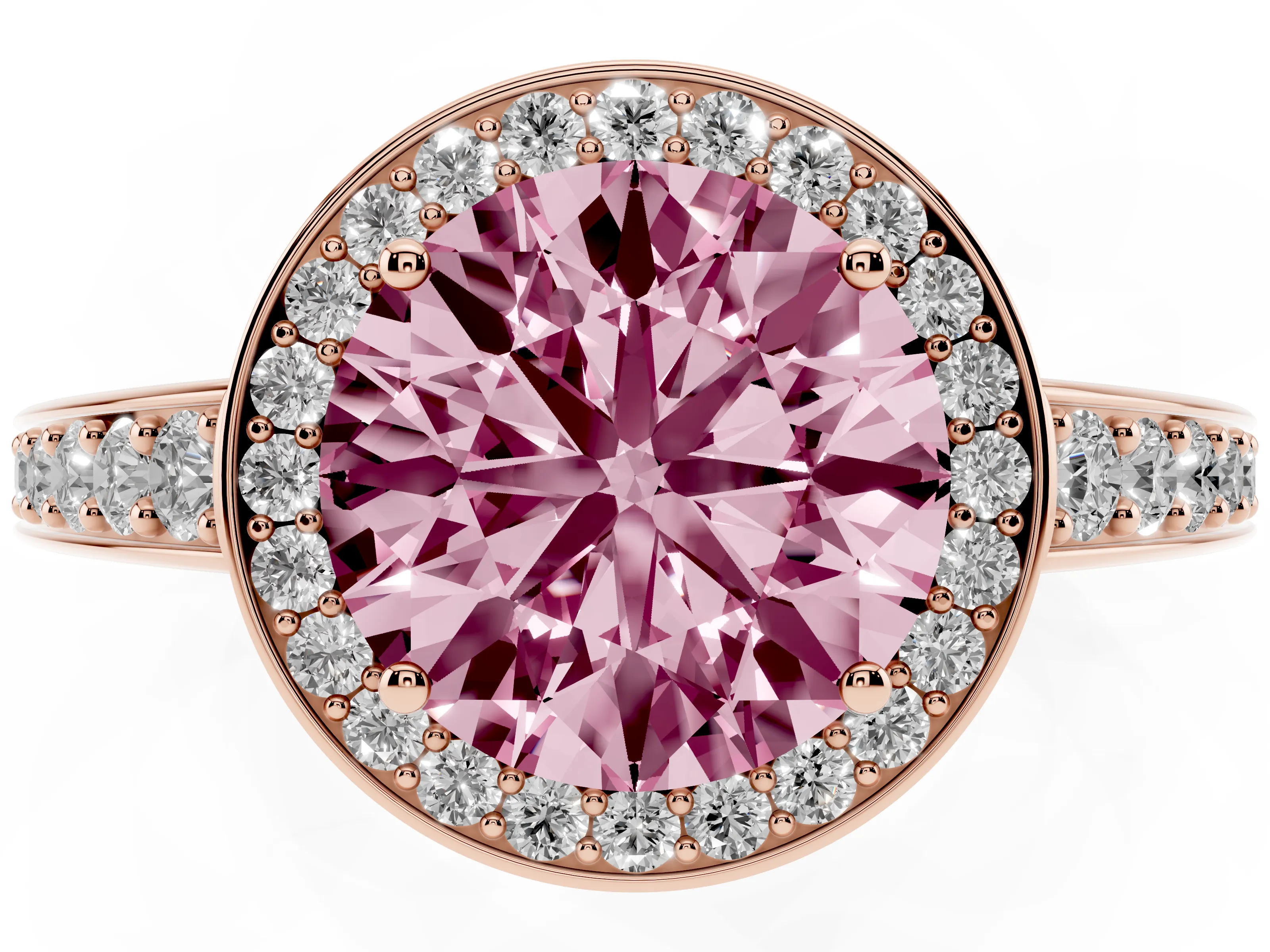 Fancy Pink Round Cut Diamond Halo Pavé Engagement Ring Set in Rose gold with Bezel Setting