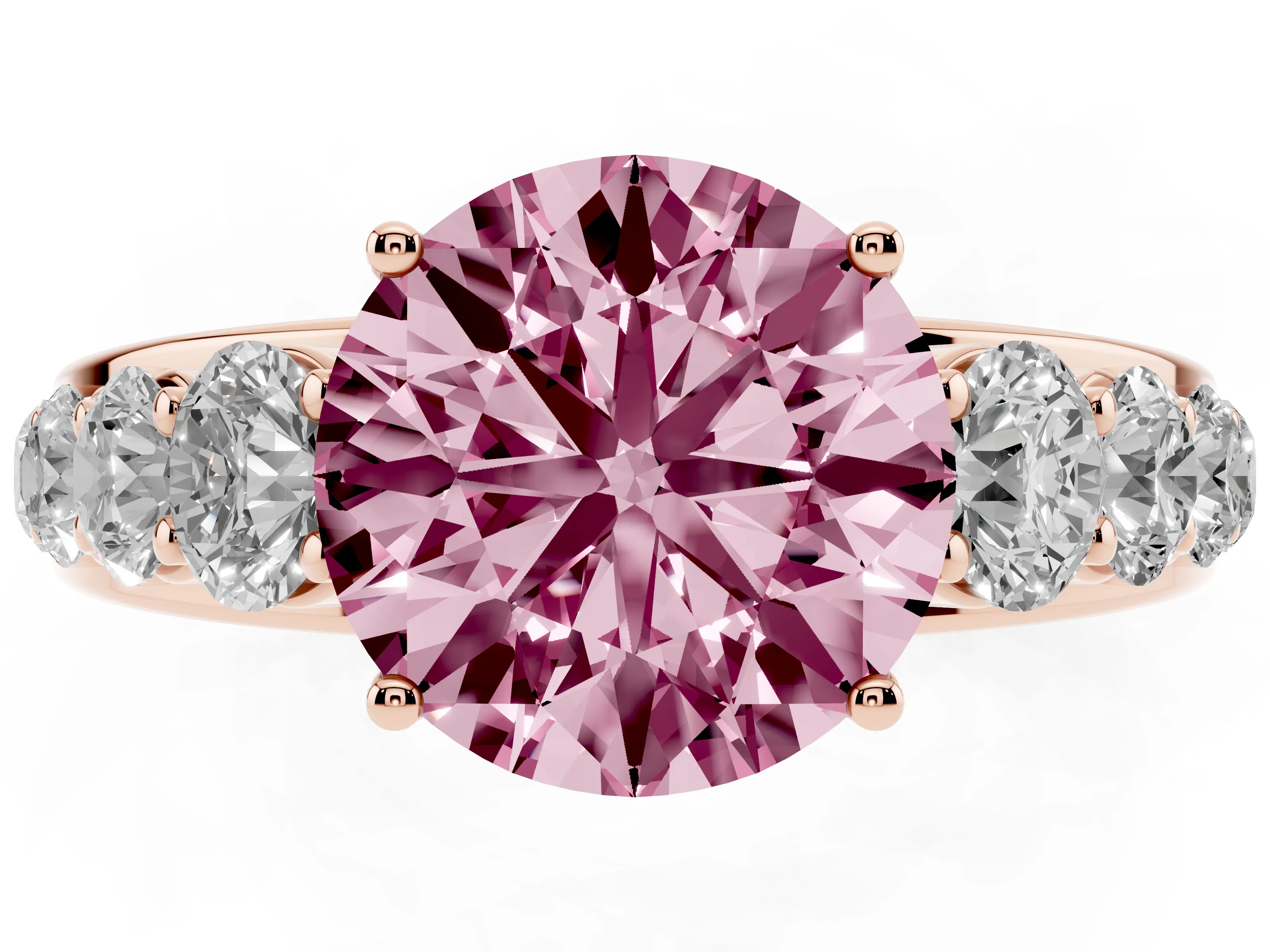 Fancy Pink Round Cut Diamond Solitaire Ring Set in Rose gold with Pavé-Set Band and Prong Setting