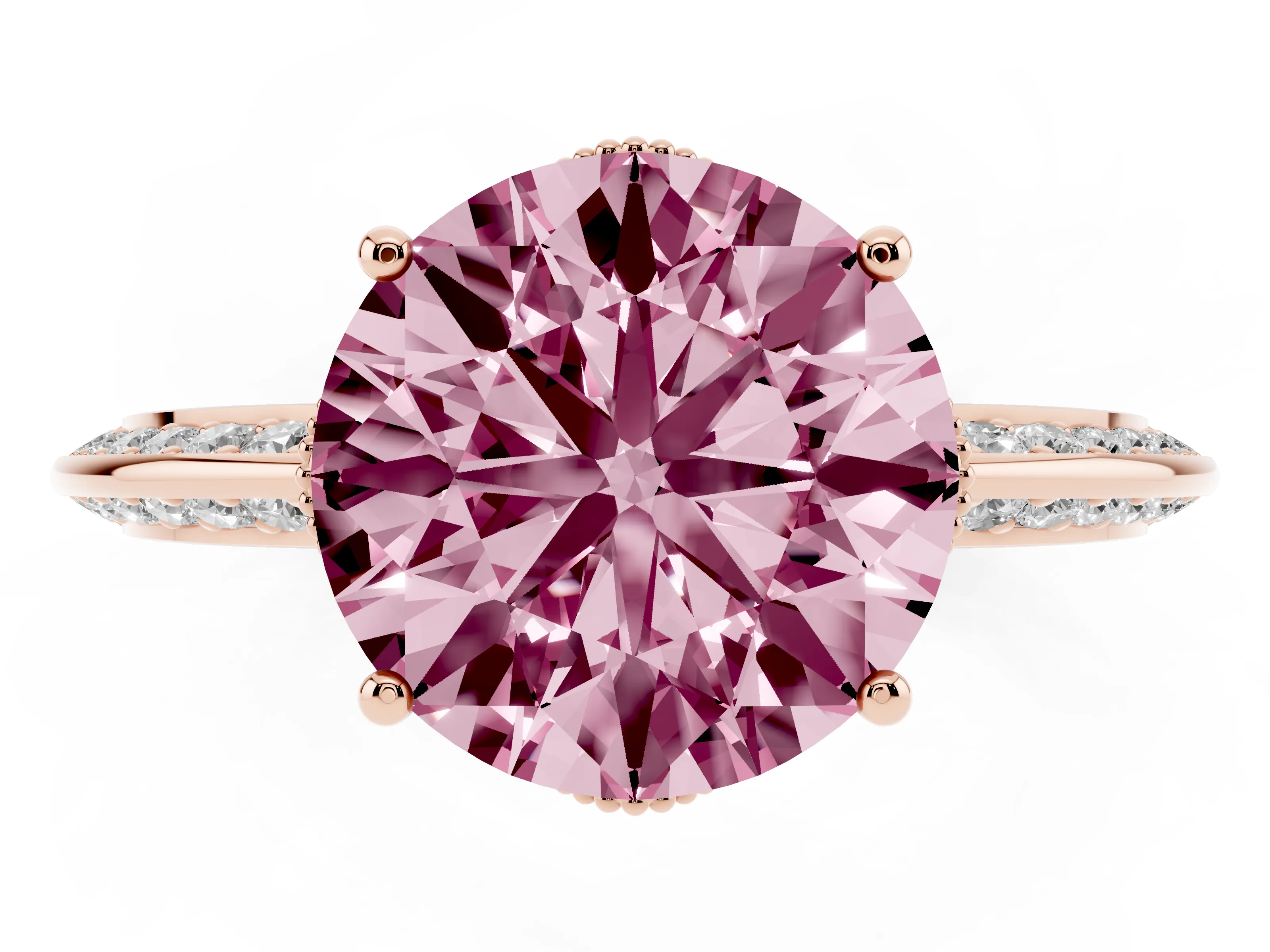 Fancy Pink Round Cut Diamond Solitaire Engagement Ring Set in Rose gold with Pavé Split Shank and Prong Setting