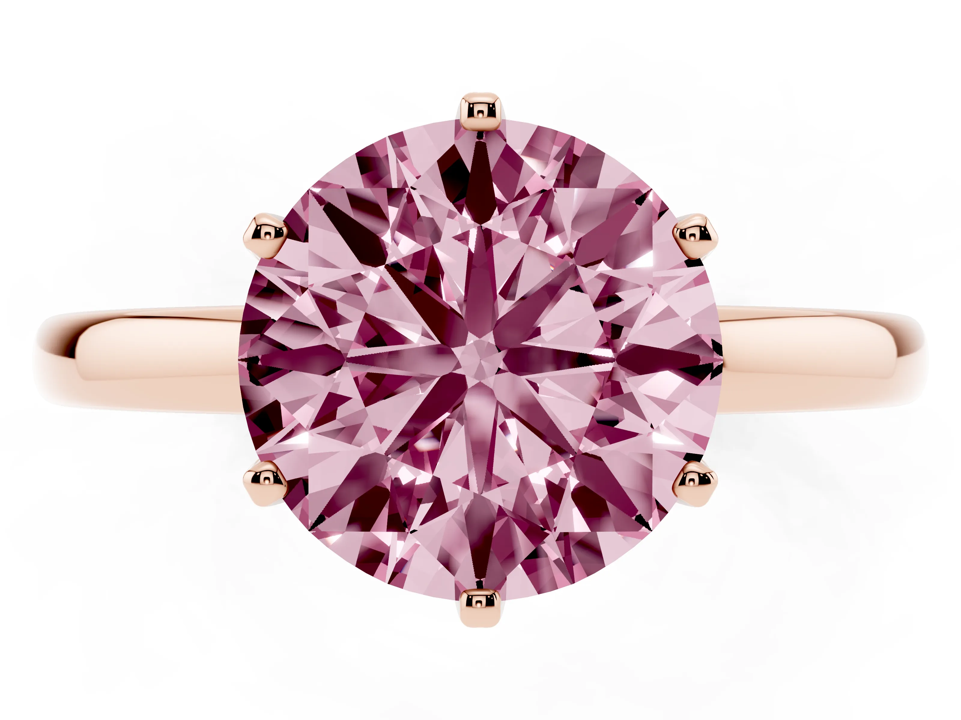 Fancy Pink Round Cut Diamond Solitaire Ring Set in Rose gold with Raised Prong Setting on a Classic Band