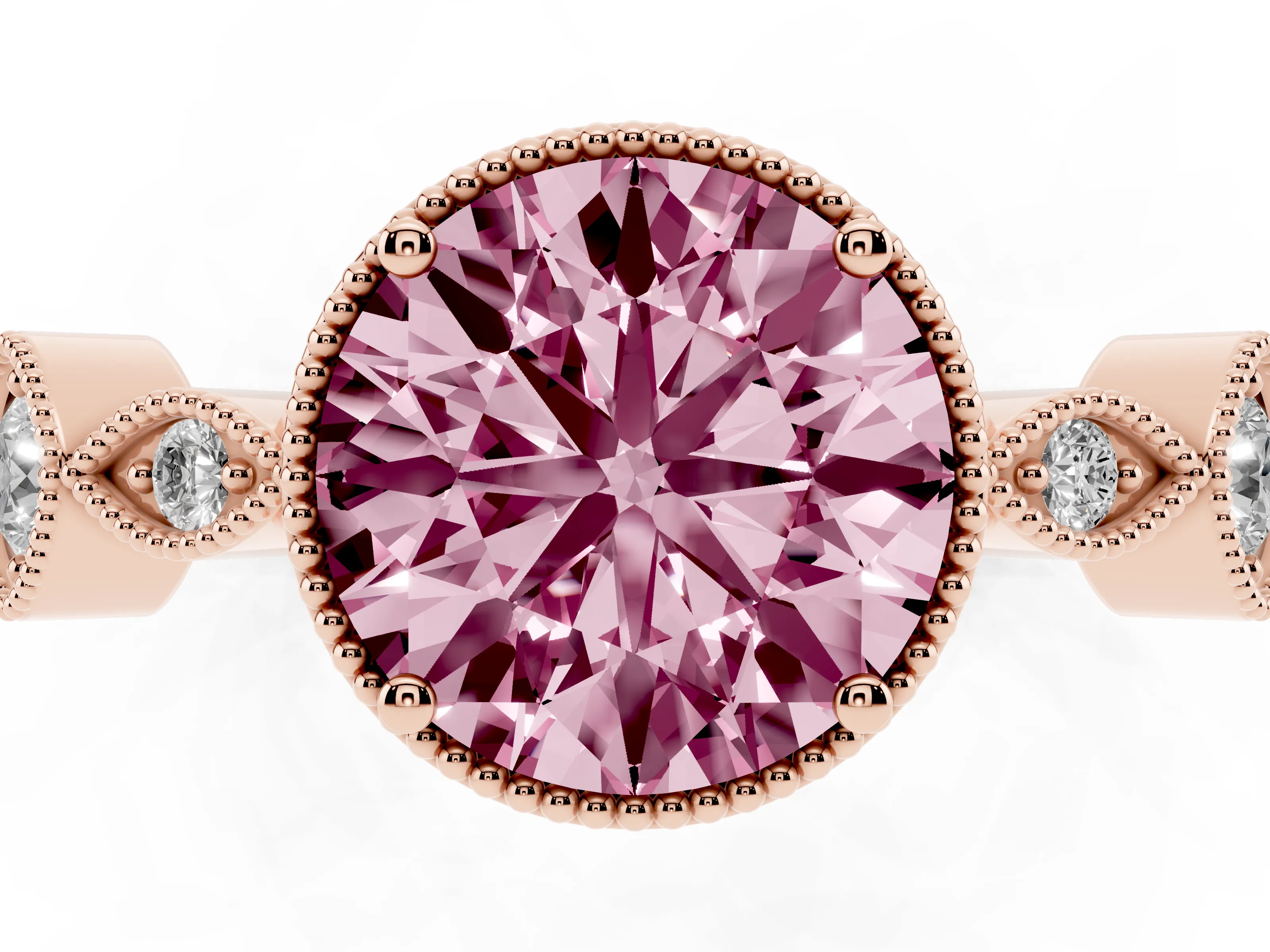 Fancy Pink Round Cut Diamond Vintage-Inspired Milgrain Ring Set in Rose gold with Marquise Stations of Round Accents
