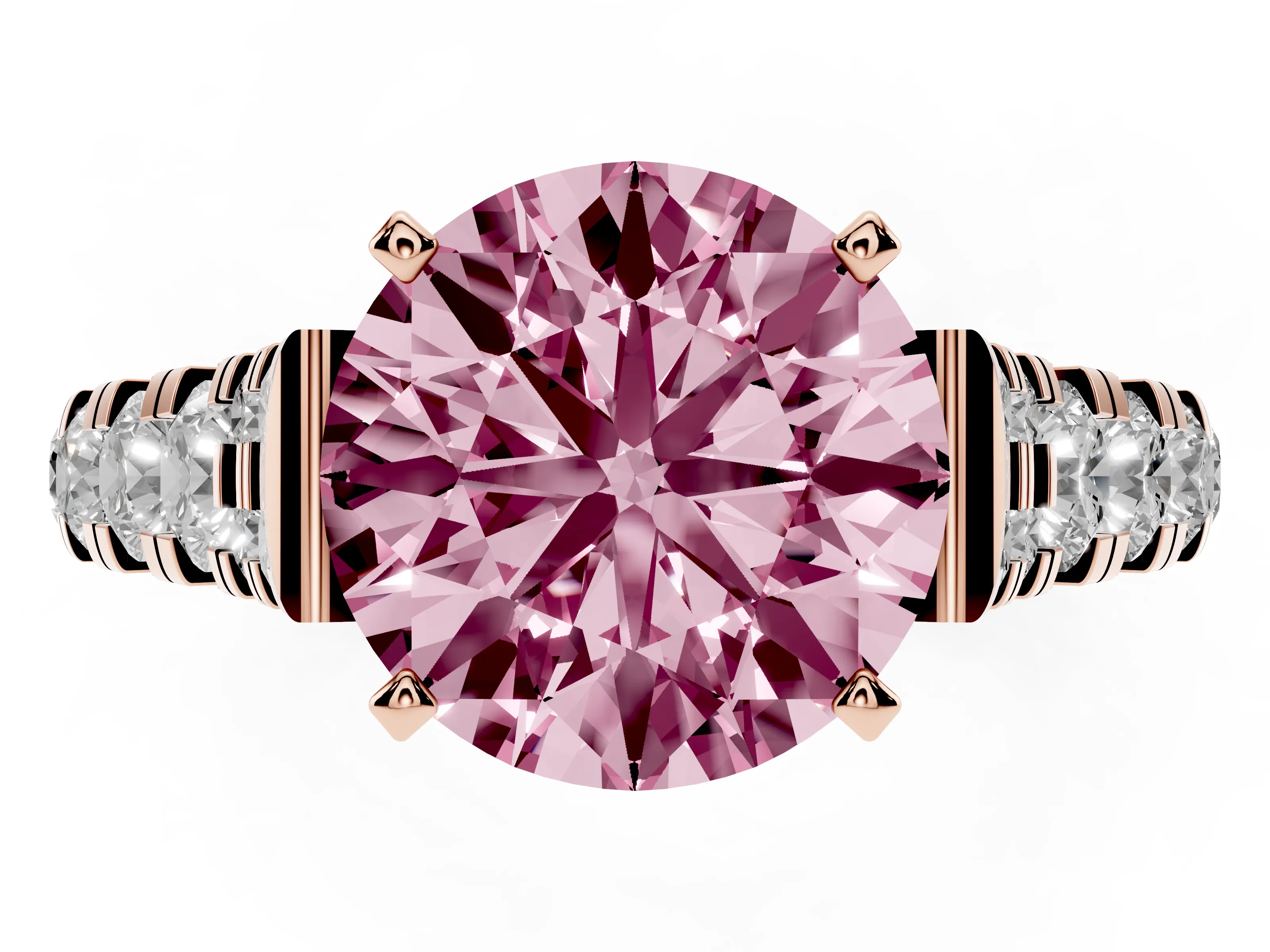 Fancy Pink Round Cut Diamond Classic Solitaire Ring Set in Rose gold with Pavé Band and Prong Setting