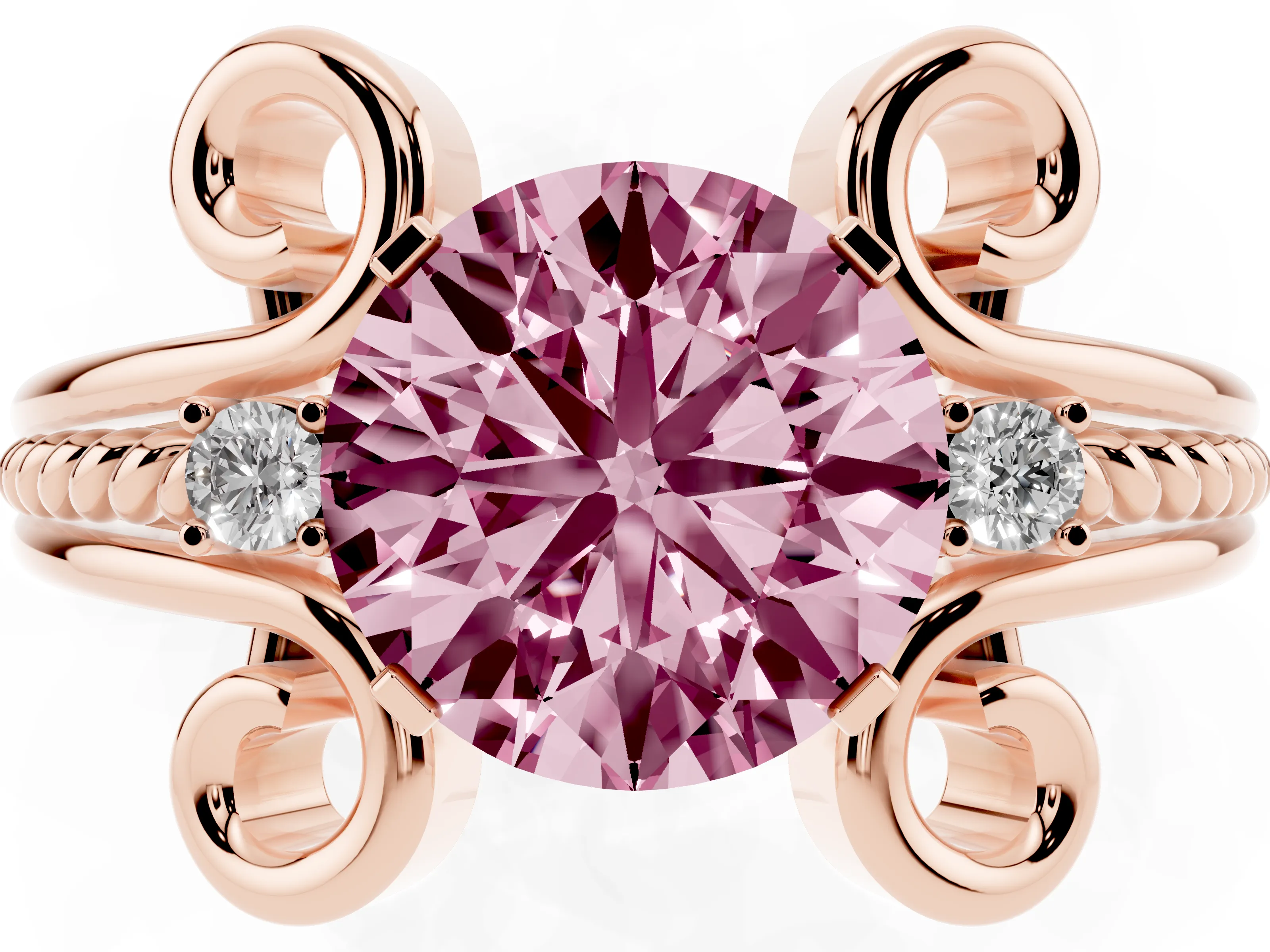 Fancy Pink Round Cut Diamond Twisted Band Solitaire Ring Set in Rose gold with Scroll Prongs