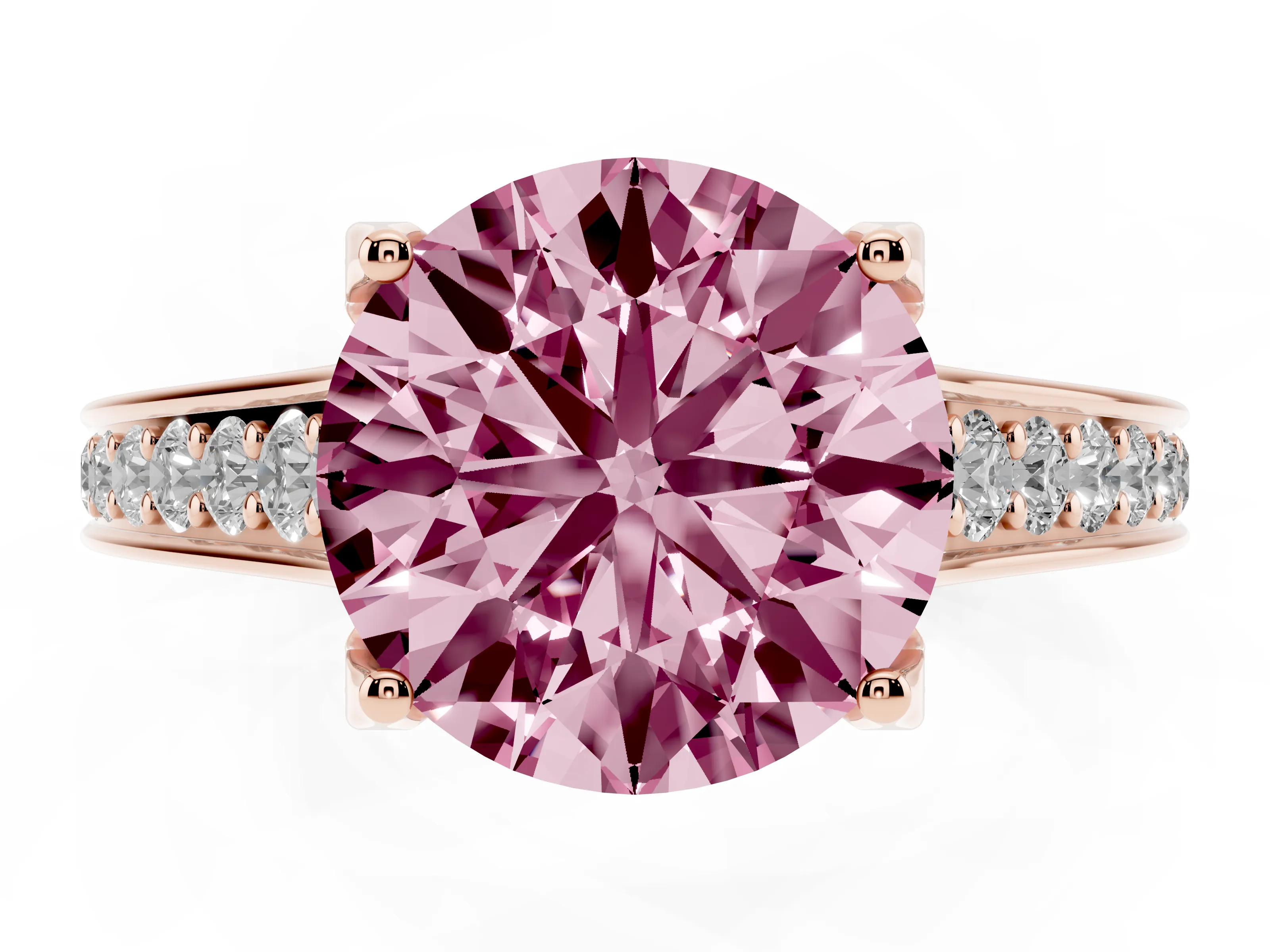 Fancy Pink Round Cut Diamond Solitaire Pavé Engagement Ring Set in Rose gold with Prong Setting