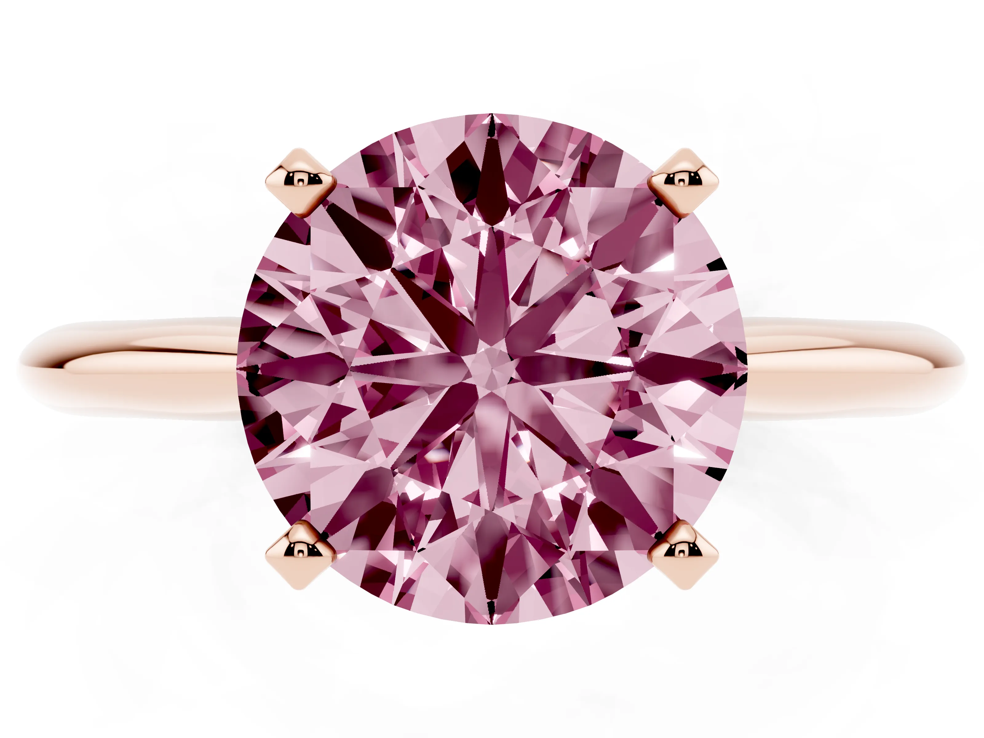 Fancy Pink Round Cut Diamond Solitaire Ring Set in Rose gold with Prong Setting on a Plain Round Band