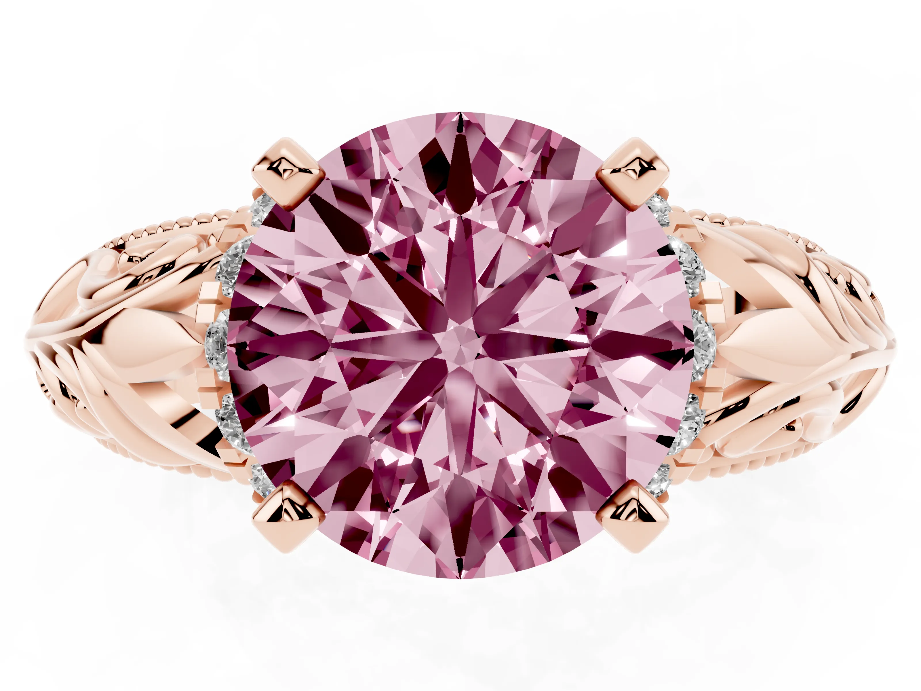 Fancy Pink Round Cut Diamond Filigree Halo Engagement Ring Set in Rose gold with Prong Setting