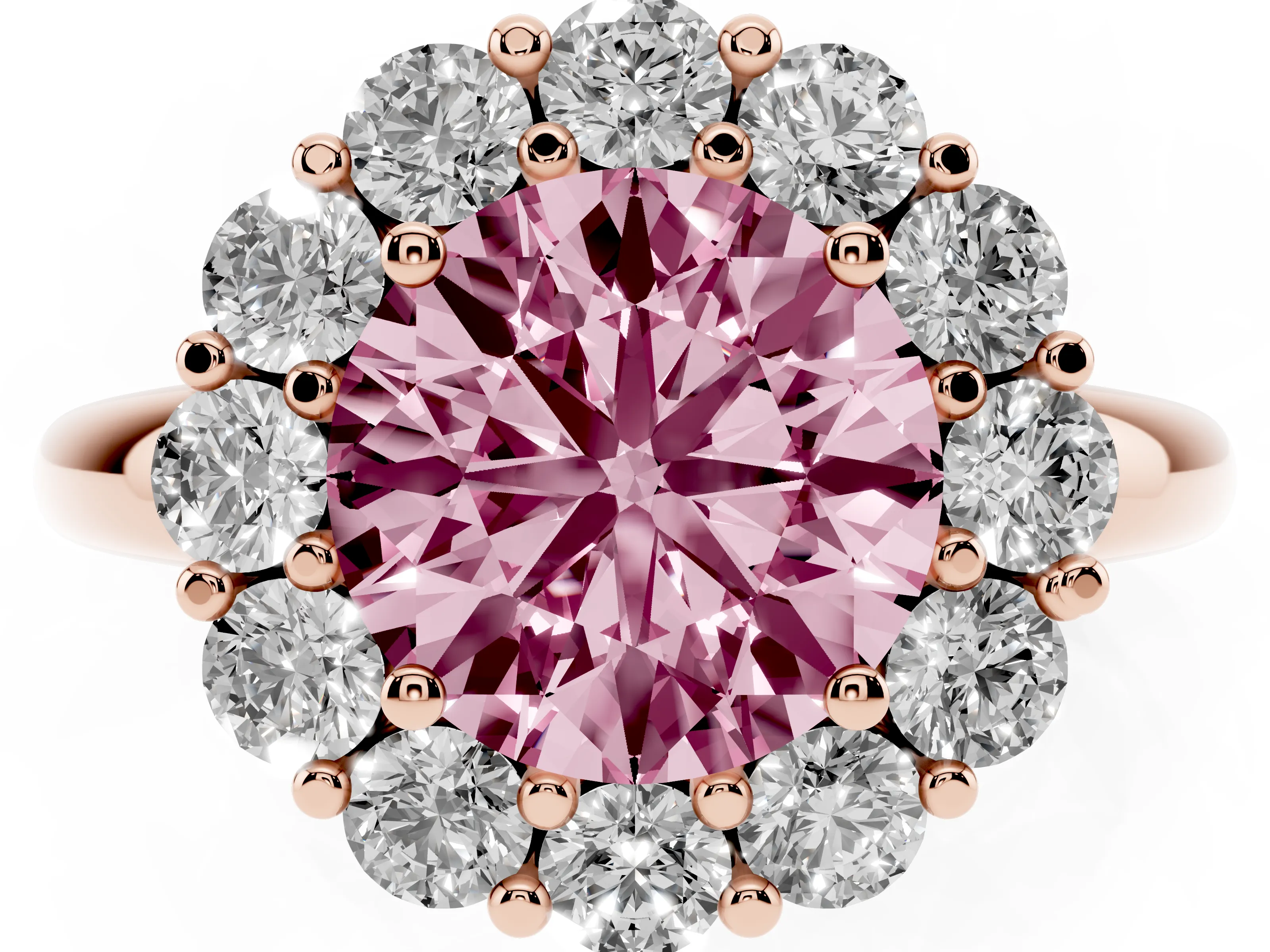Fancy Pink Round Cut Diamond Halo Cluster Engagement Ring Set in Rose gold with Polished Band and Prong Setting