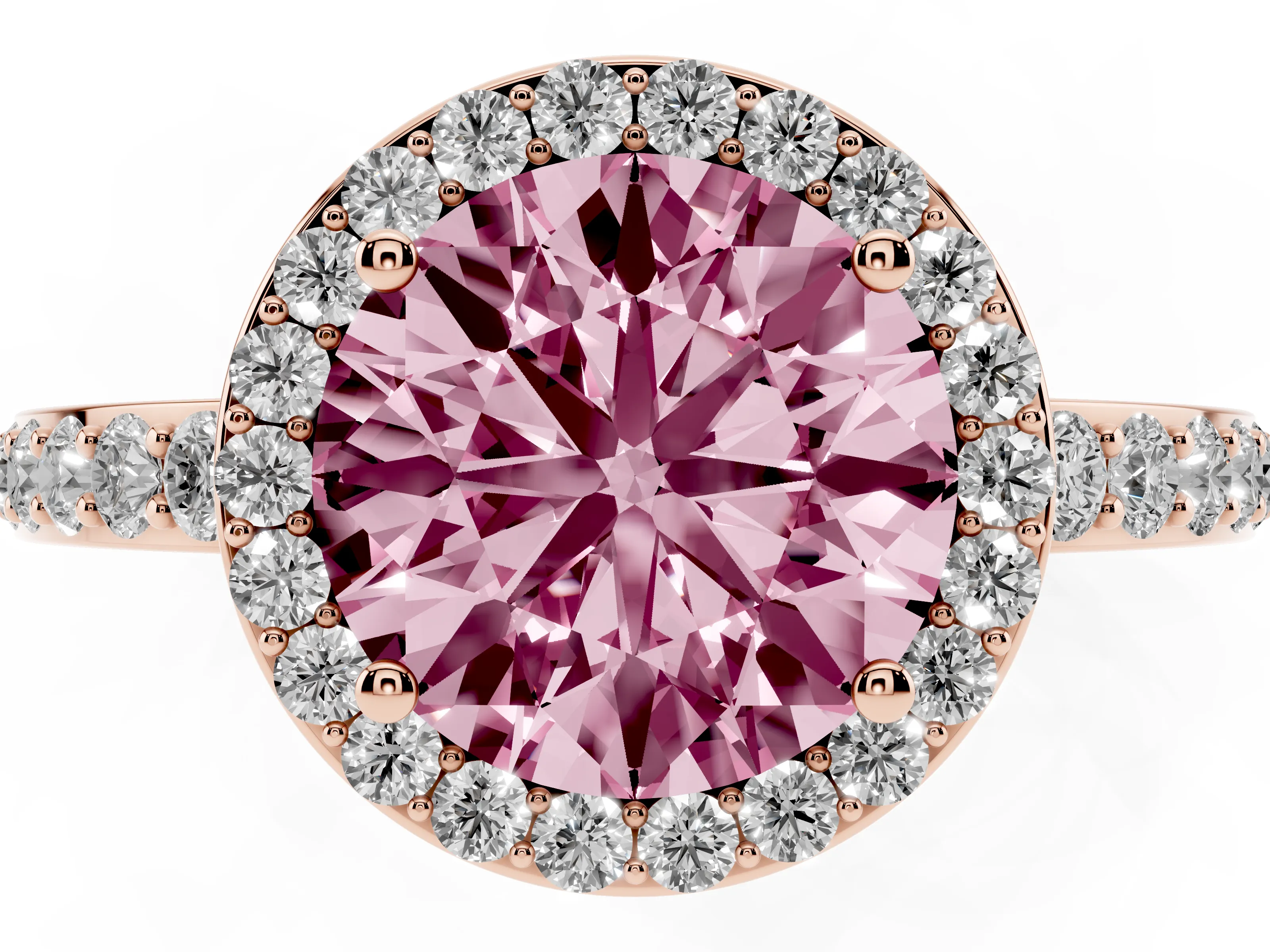 Fancy Pink Round Cut Diamond Halo Ring Set in Rose gold with Pavé-Setting Band and Open Prong Center