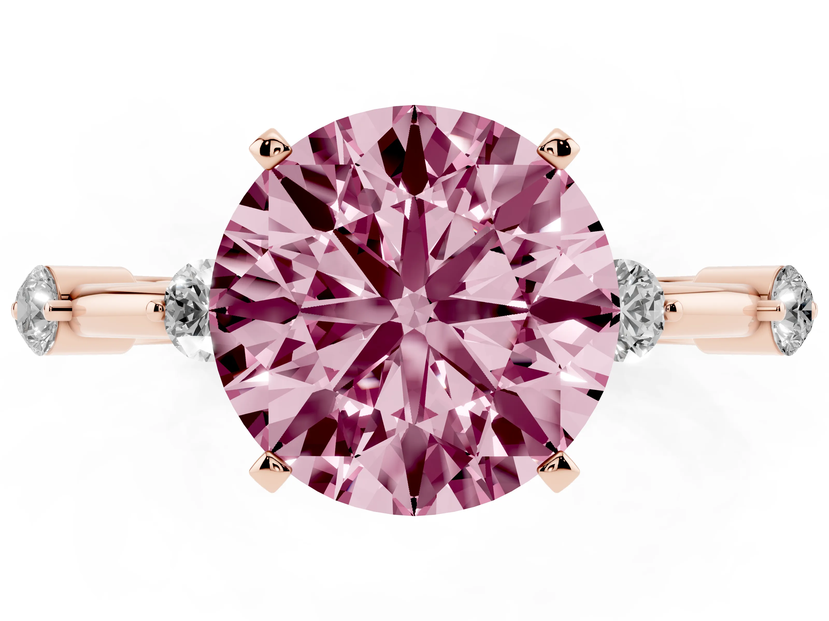 Fancy Pink Round Cut Diamond Solitaire Ring Set in Rose gold with Bezel Set Side Stones and Prong Setting
