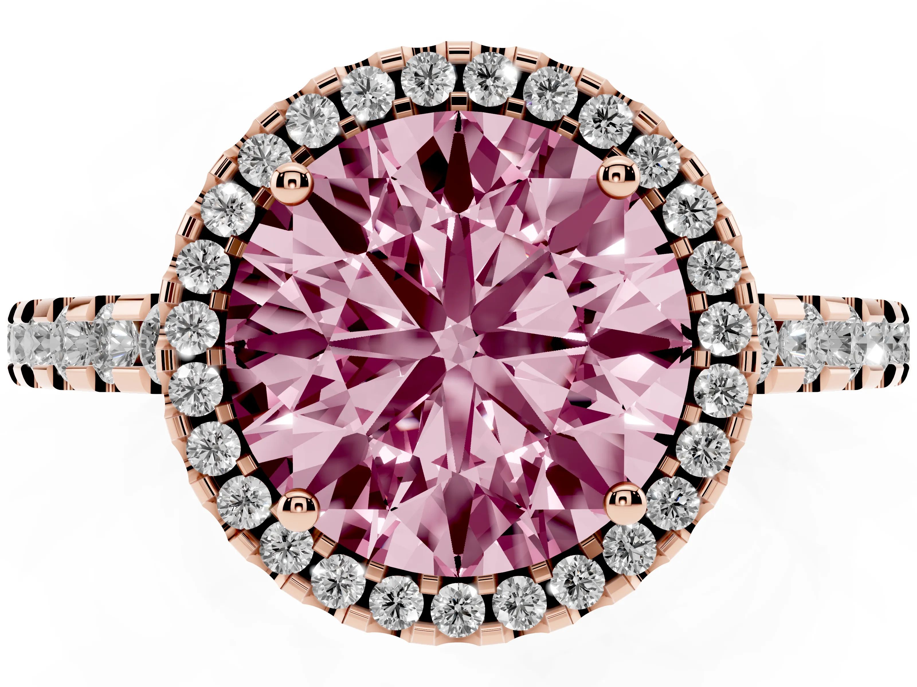 Fancy Pink Round Cut Diamond Halo Ring Set in Rose gold with Pavé Shoulders and Halo-Framed Center