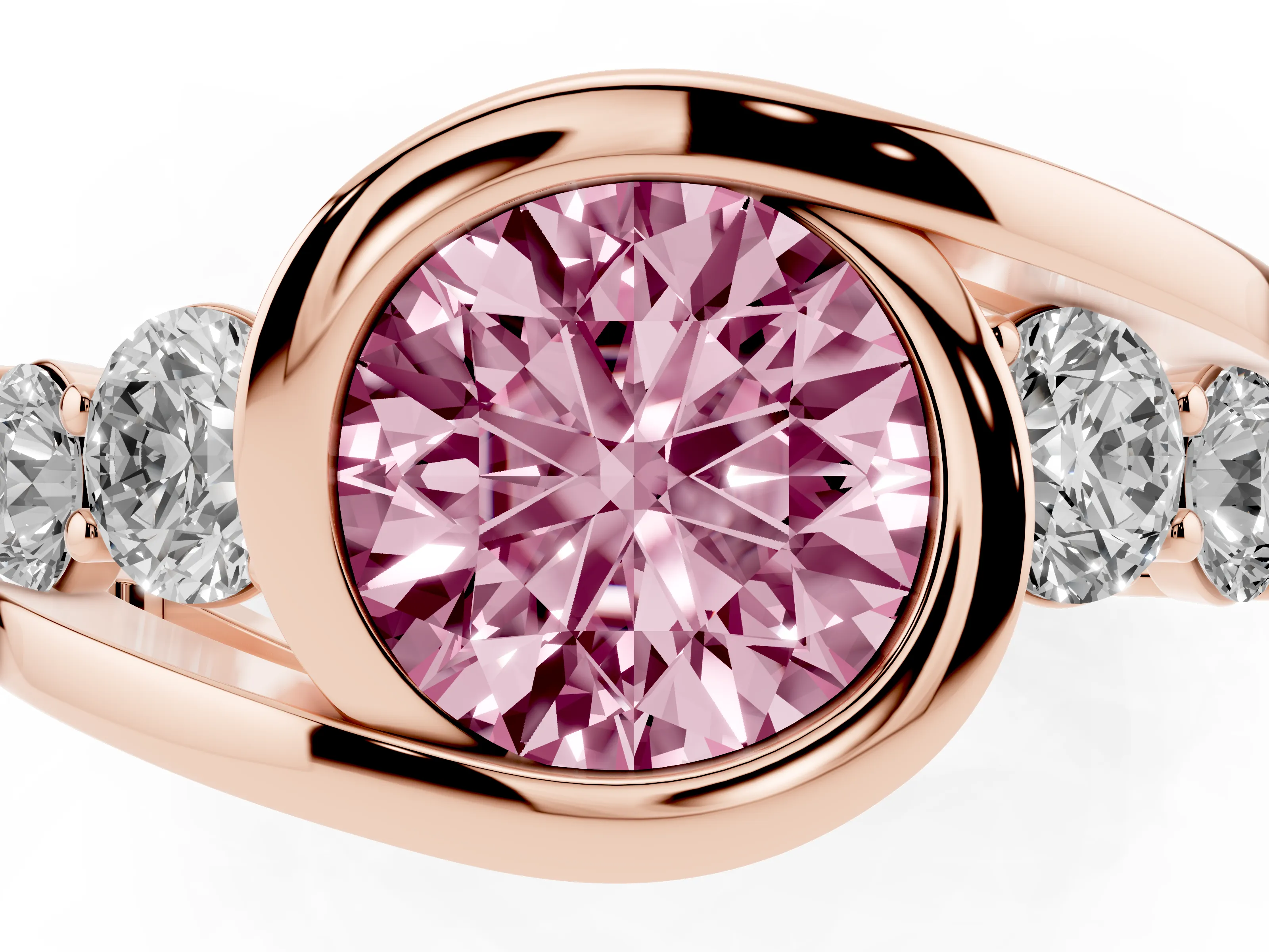 Fancy Pink Round Cut Diamond Bezel Bypass Ring Set in Rose gold with Round Accents
