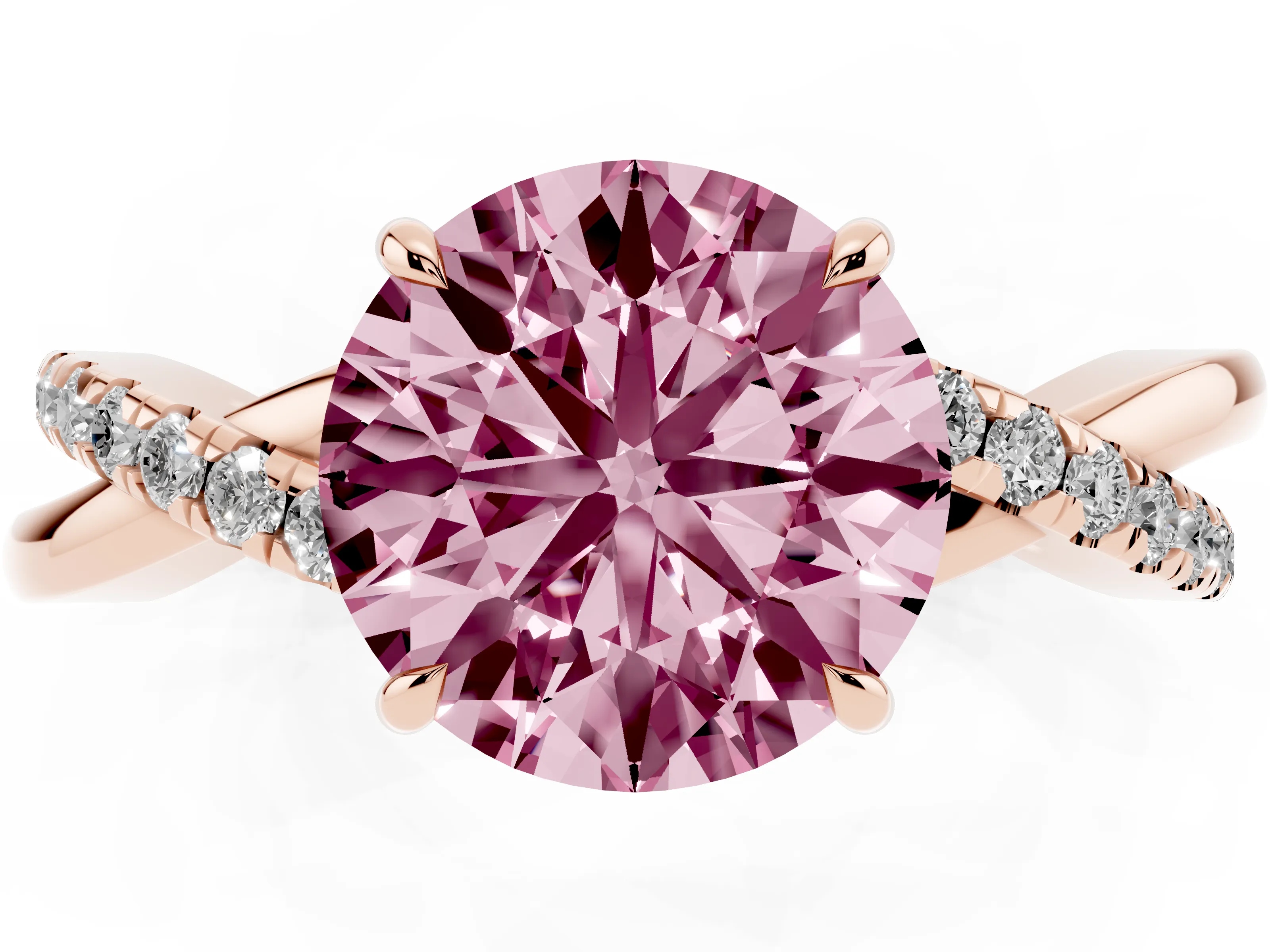 Fancy Pink Round Cut Diamond Twisted Pavé Band Ring Set in Rose gold with Prong Setting
