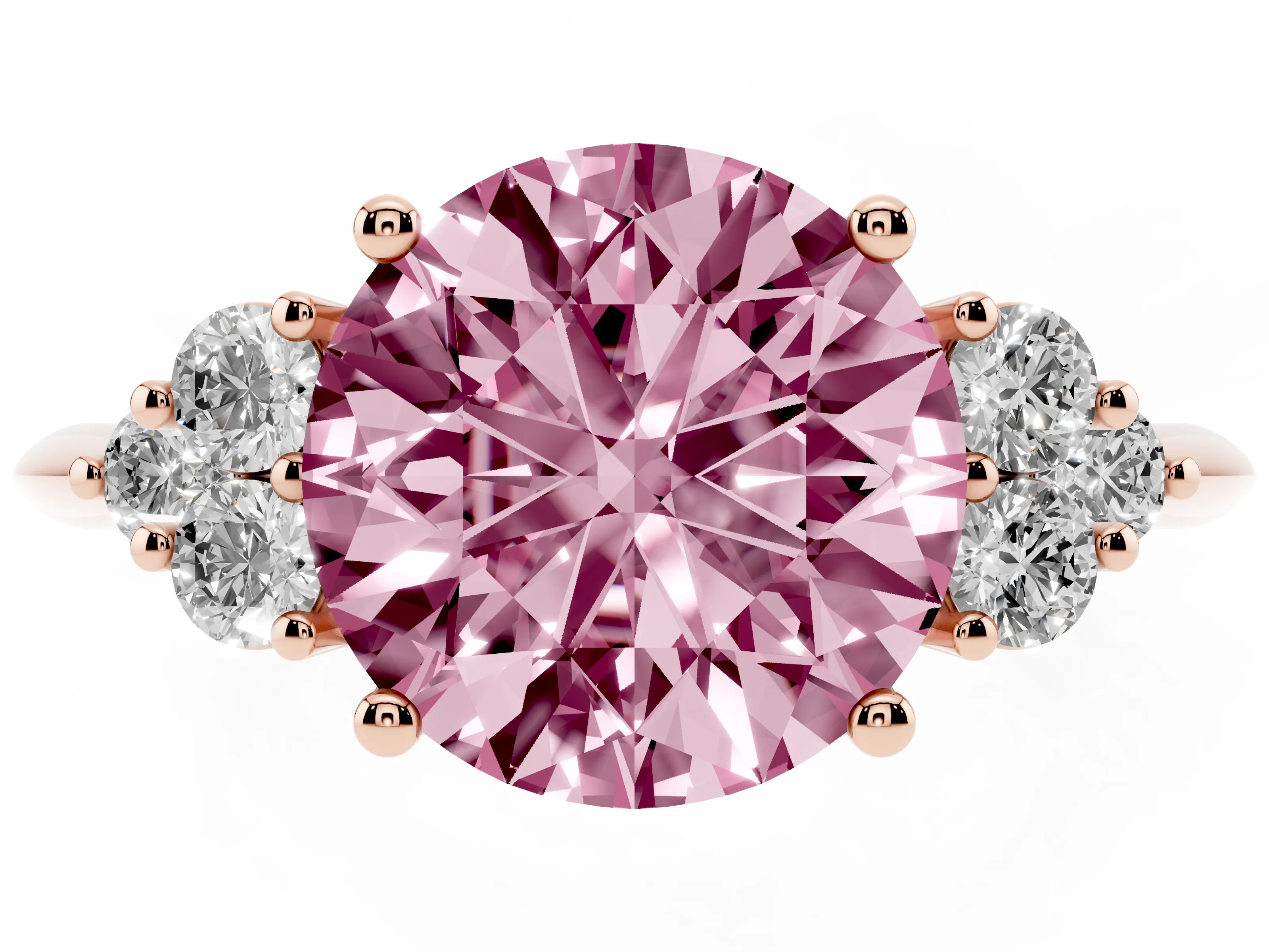 Fancy Pink Round Cut Diamond Cluster Ring Set in Rose gold with Plain Band and Prong Setting