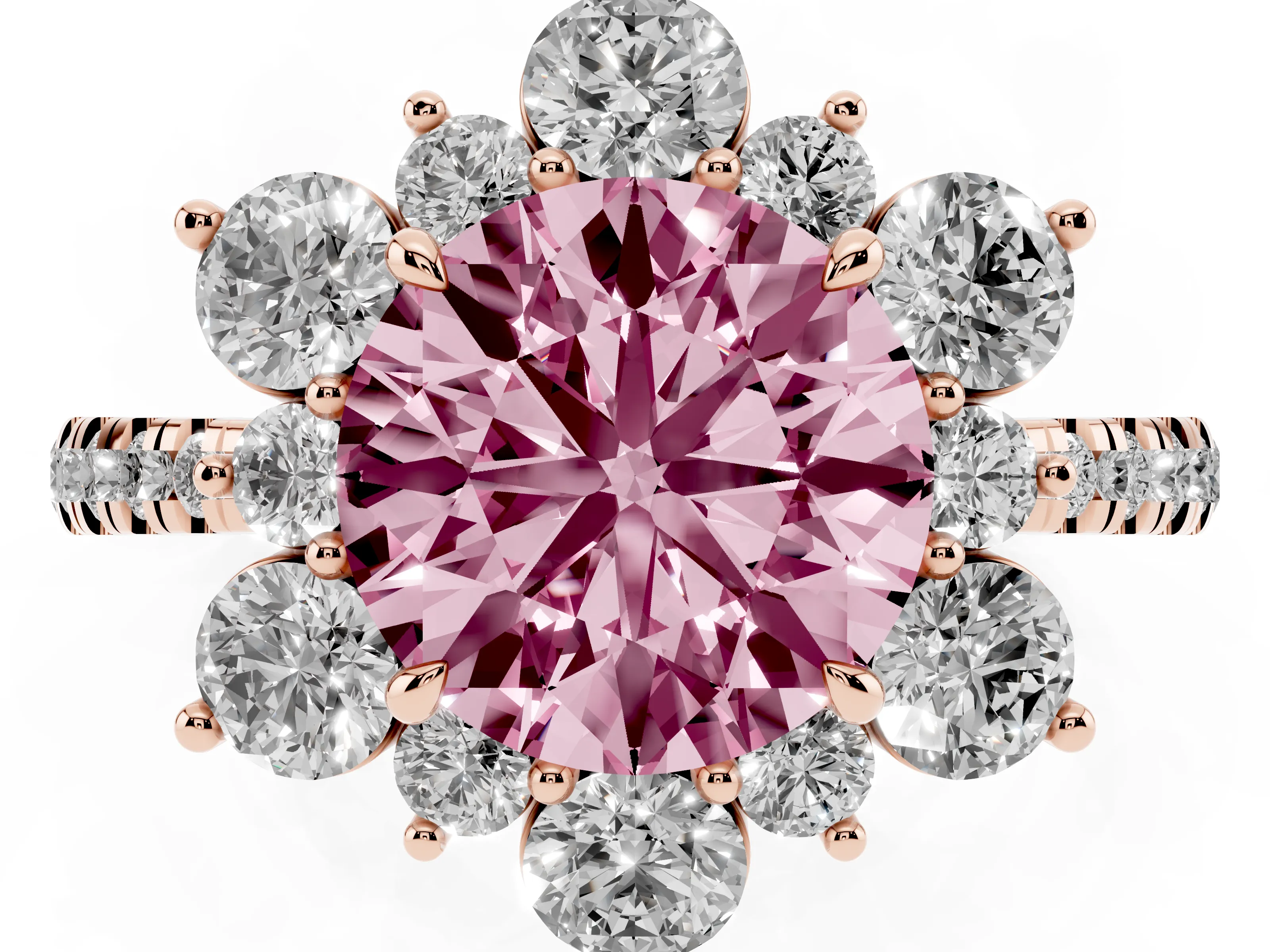 Fancy Pink Round Cut Diamond Floral Halo Ring Set in Rose gold with Round Pavé Band and Prong Setting