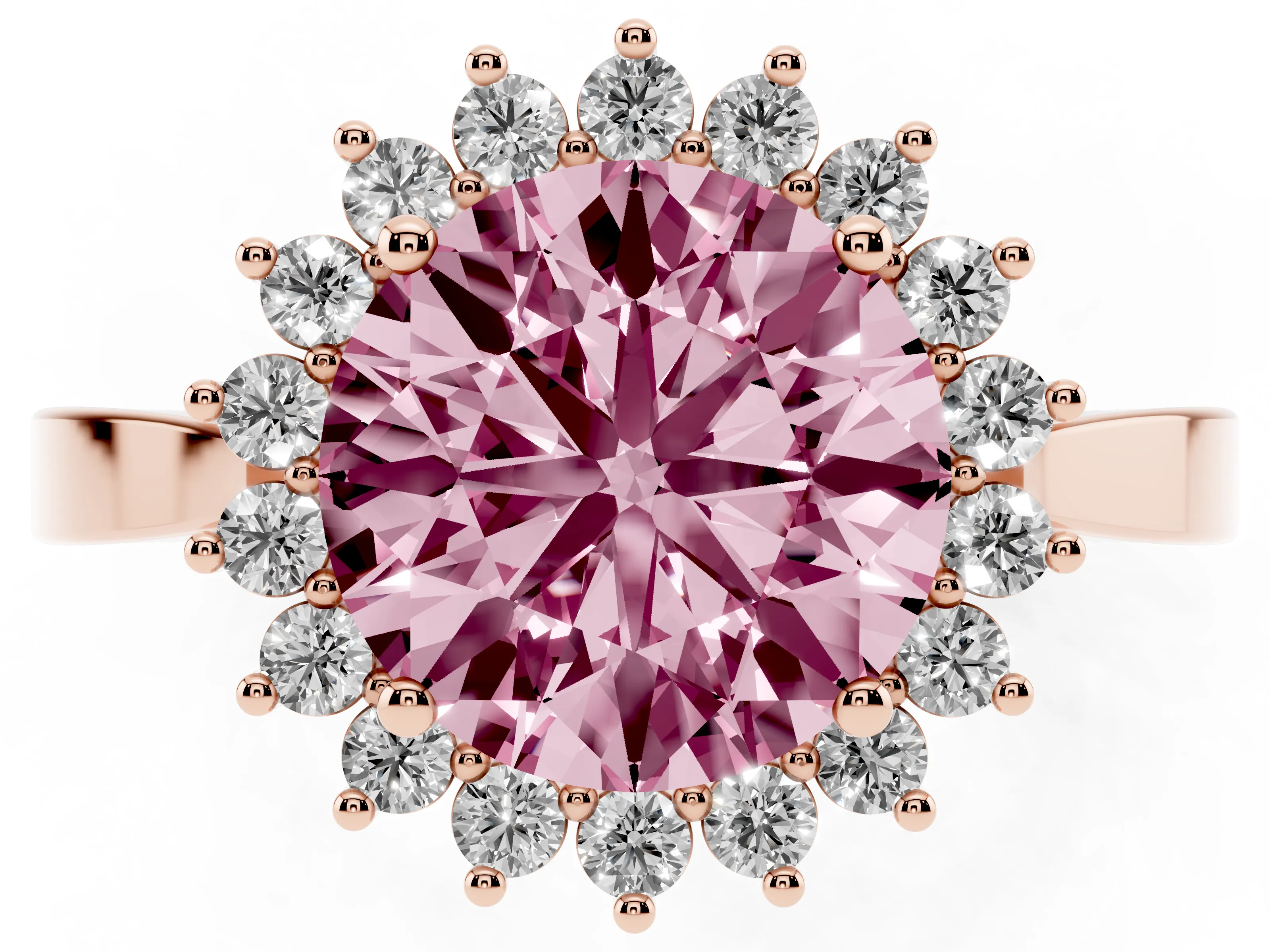Fancy Pink Round Cut Diamond Halo Ring Set in Rose gold with Round Halo and Smooth Solitaire Band