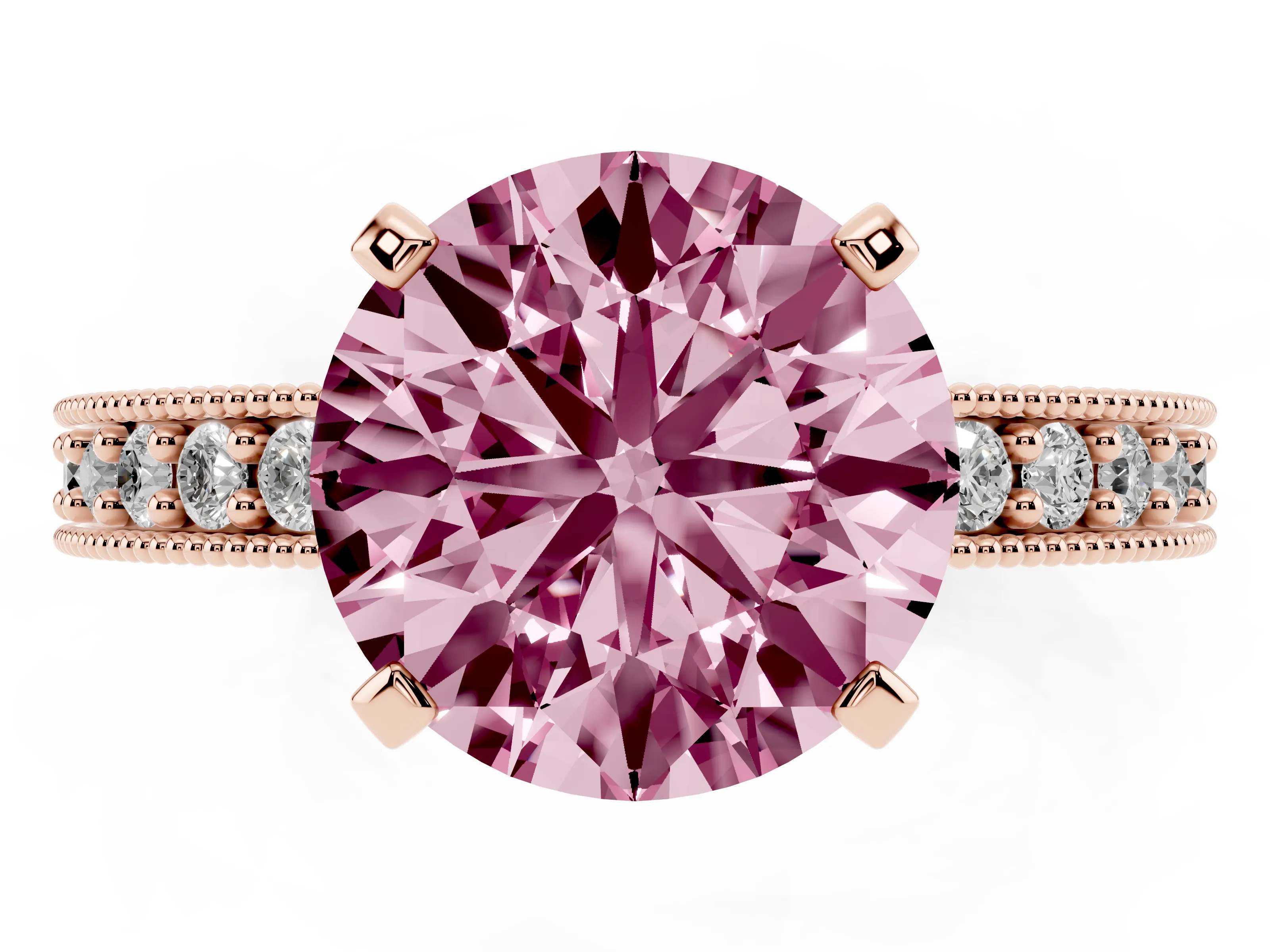 Fancy Pink Round Cut Diamond Milgrain Pavé Engagement Ring Set in Rose gold with Prong Setting