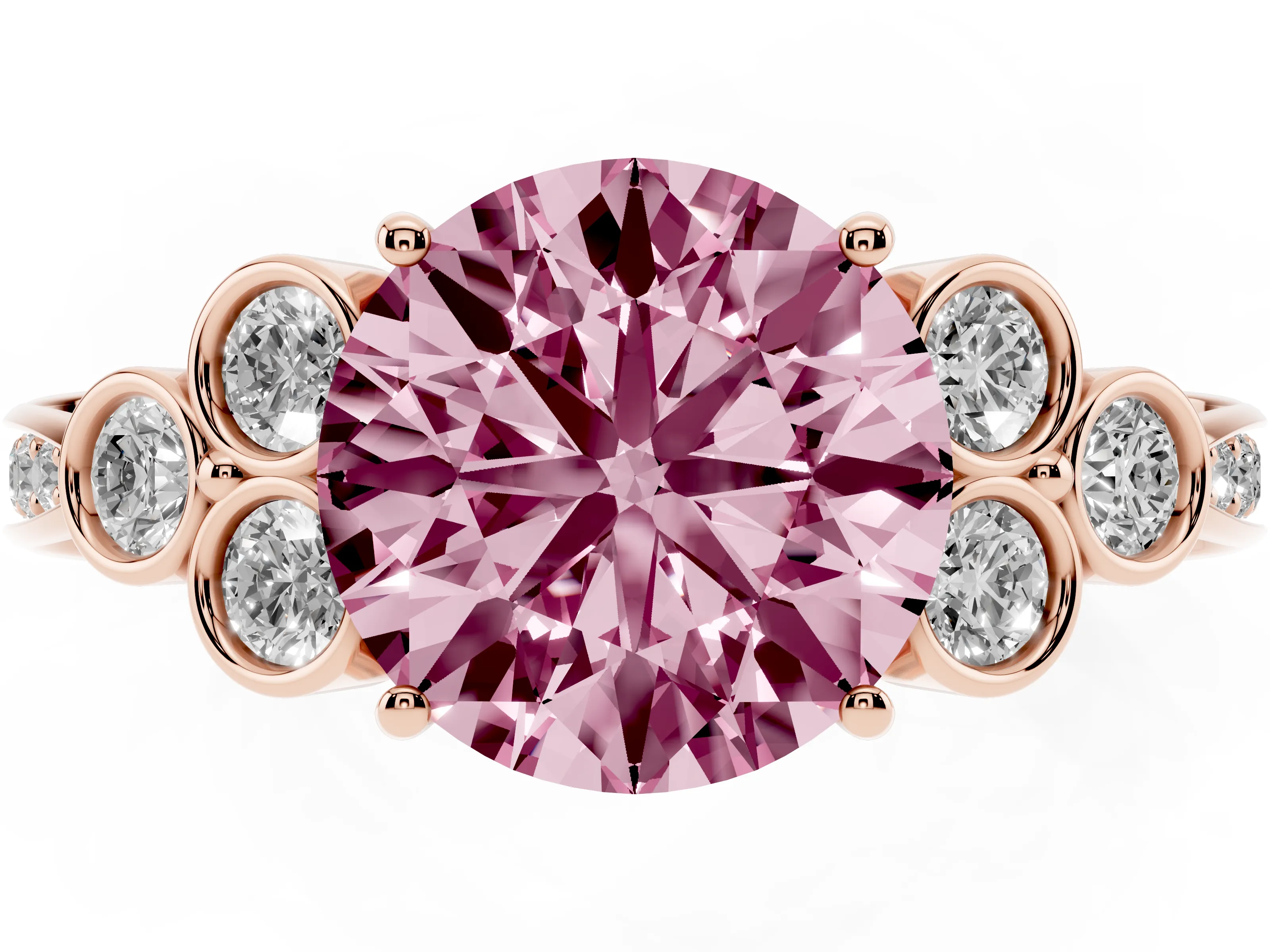 Fancy Pink Round Cut Diamond Engagement Ring Set in Rose gold with Bezel Set Round Side Stones and Prong Setting