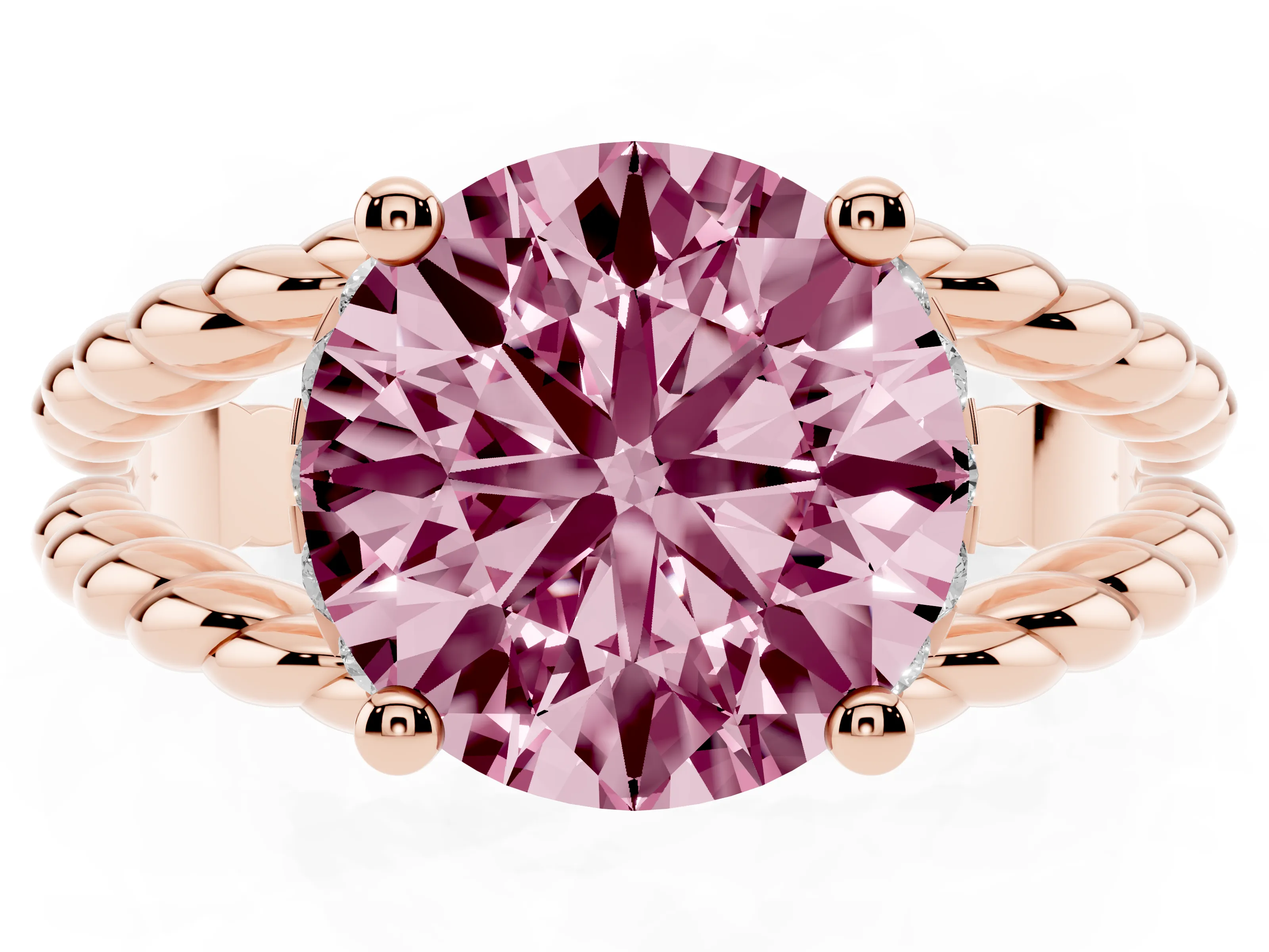 Fancy Pink Round Cut Diamond Halo Ring Set in Rose gold with Twisted Band and Prong Setting