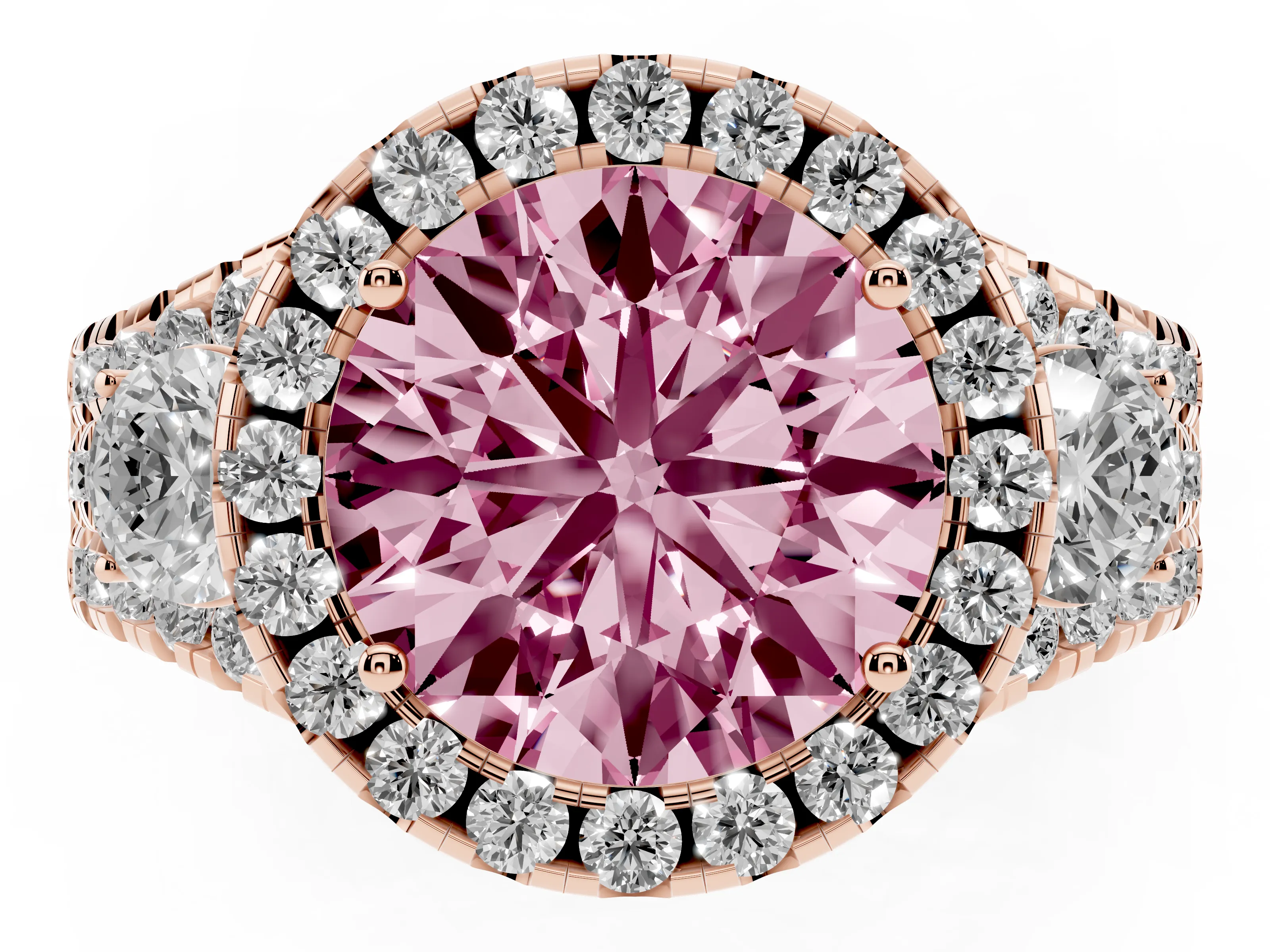 Fancy Pink Round Cut Diamond Halo Split Shank Ring Set in Rose gold with Round Accent Stones and Prong Setting