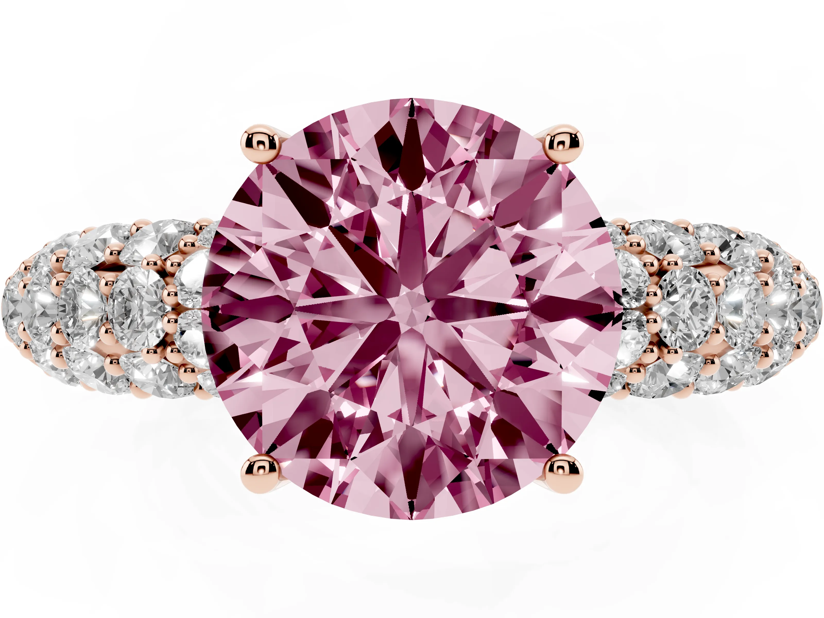 Fancy Pink Round Cut Diamond Pavé Band Solitaire Ring Set in Rose gold with Close-Set Accent Stones and Prong Setting