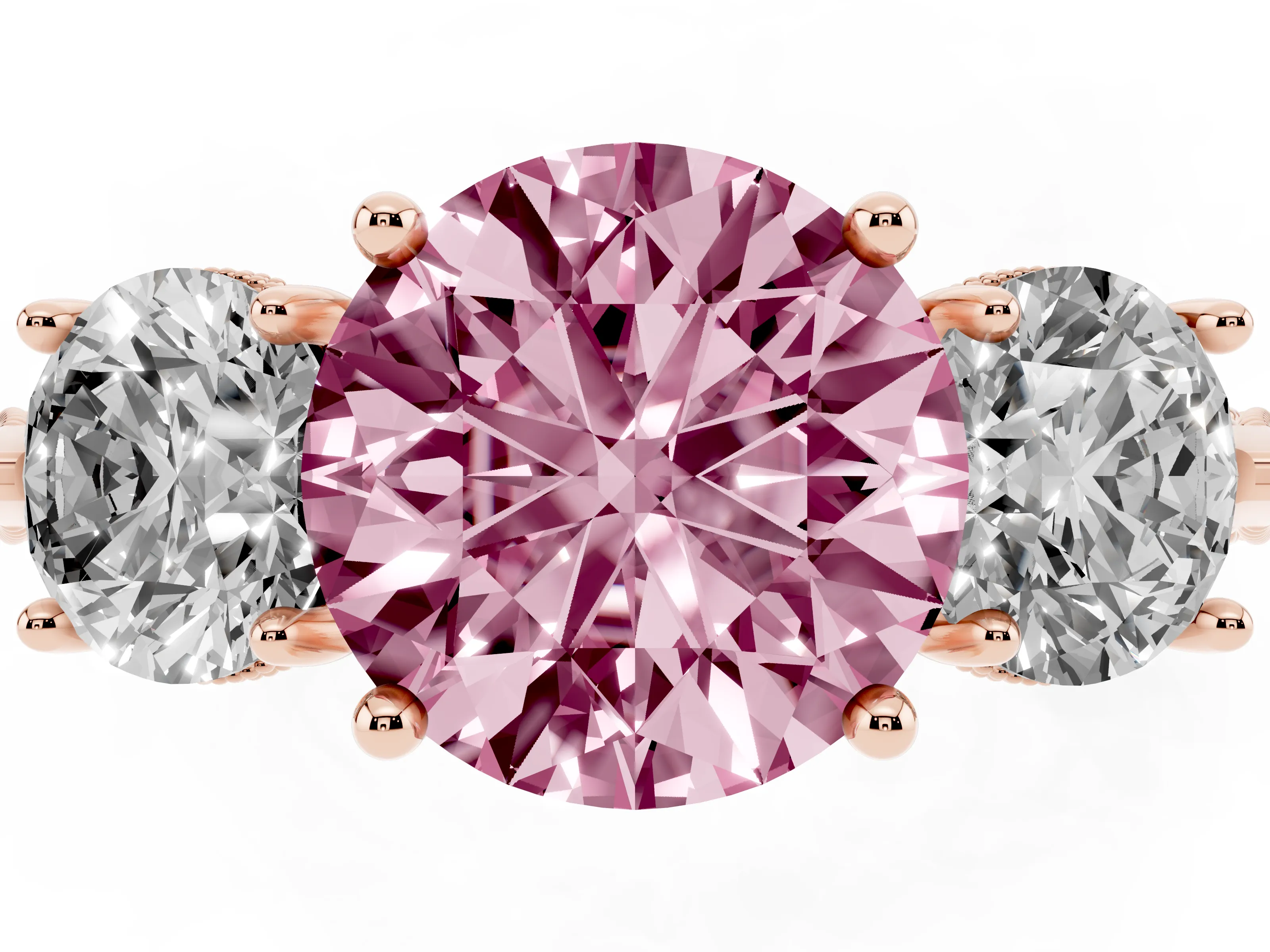 Fancy Pink Round Cut Diamond Three-Stone Ring Set in Rose gold with Milgrain Band