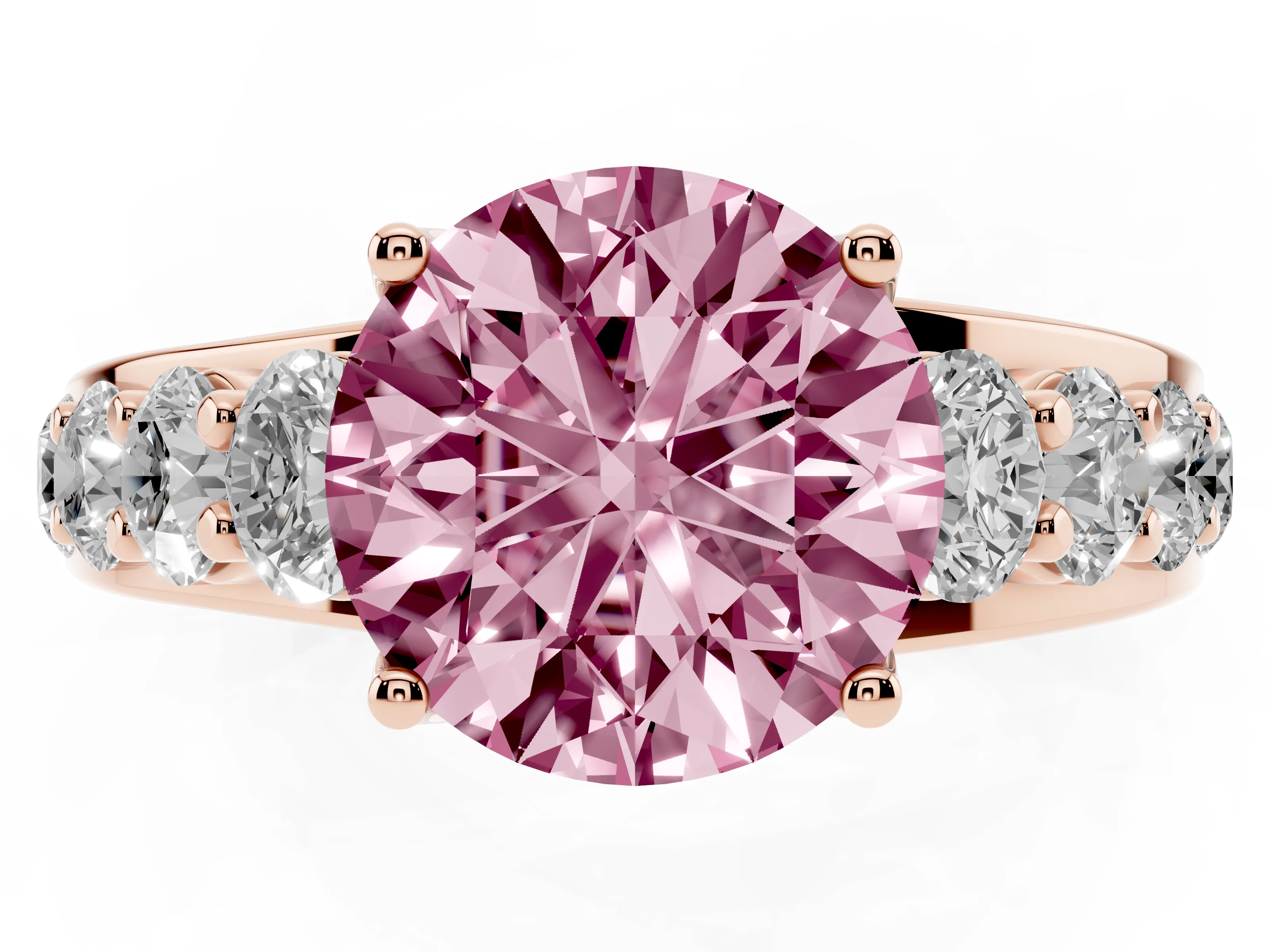 Fancy Pink Round Cut Diamond Pavé Engagement Ring Set in Rose gold with Prong Setting