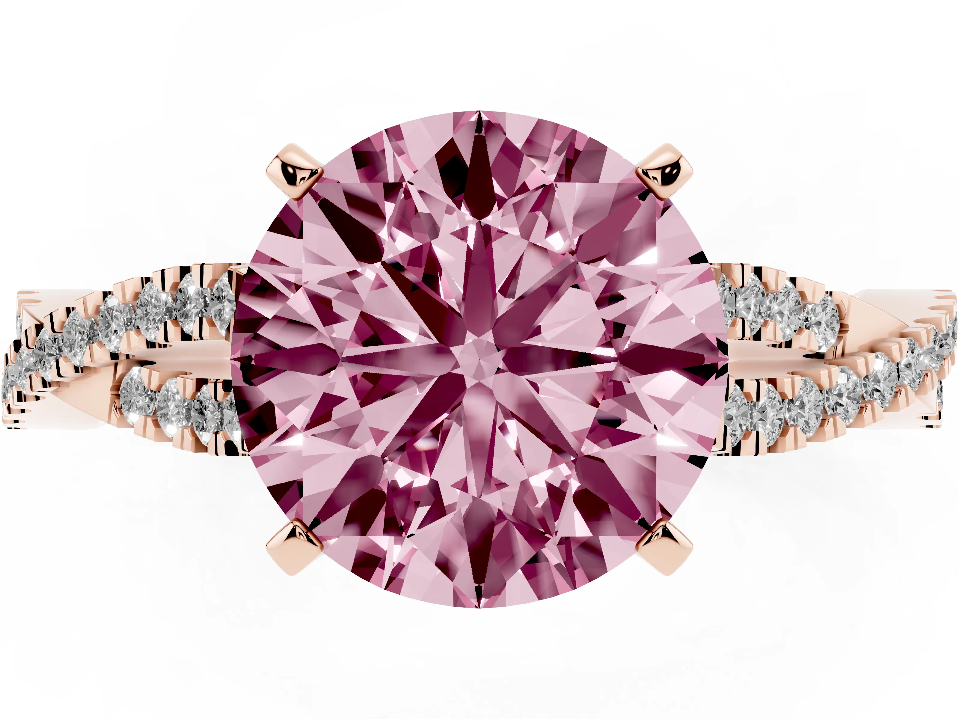 Fancy Pink Round Cut Diamond Solitaire Engagement Ring Set in Rose gold with Twisted Pavé Band and Prong Setting