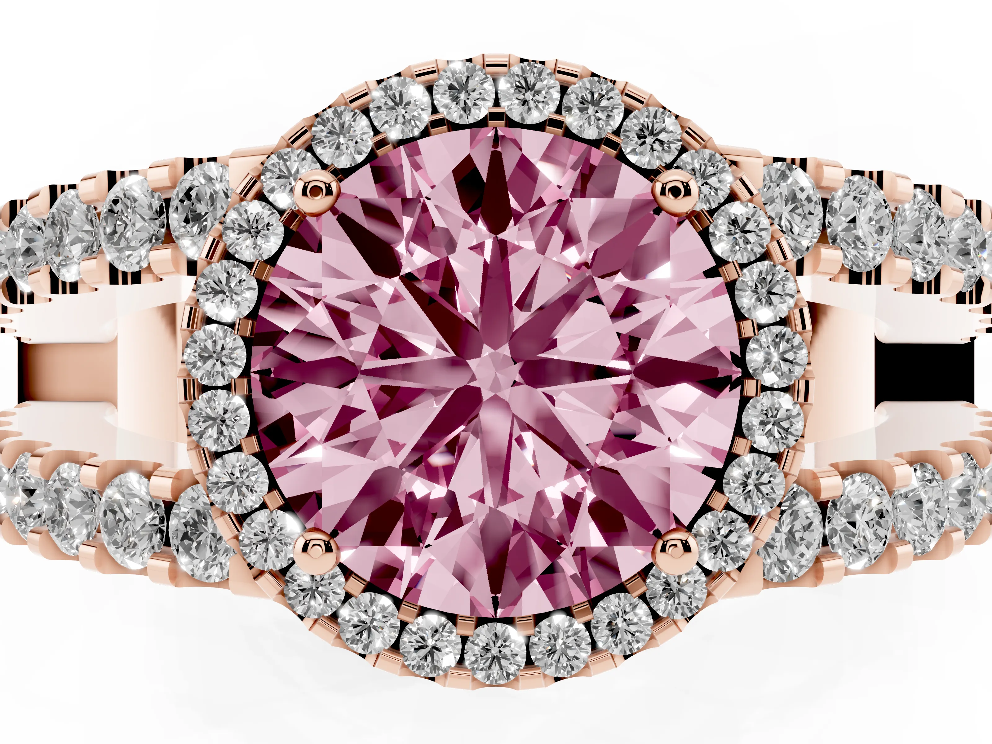 Fancy Pink Round Cut Diamond Halo Ring Set in Rose gold with Pavé Split Shank and Prong Setting