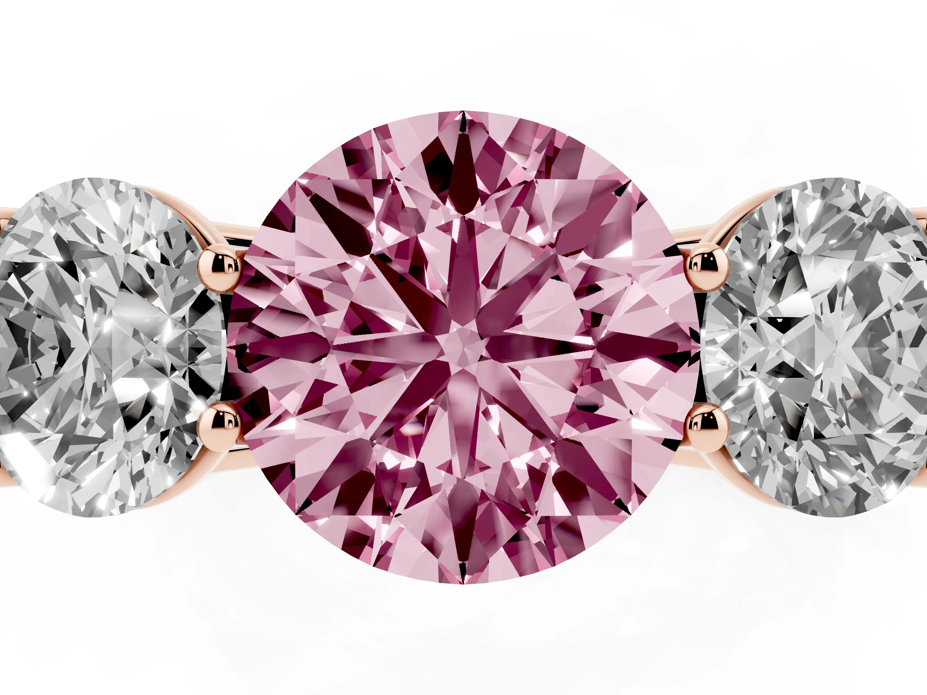 Fancy Pink Round Cut Diamond Three-Stone Ring Set in Rose gold with Plain Polished Band
