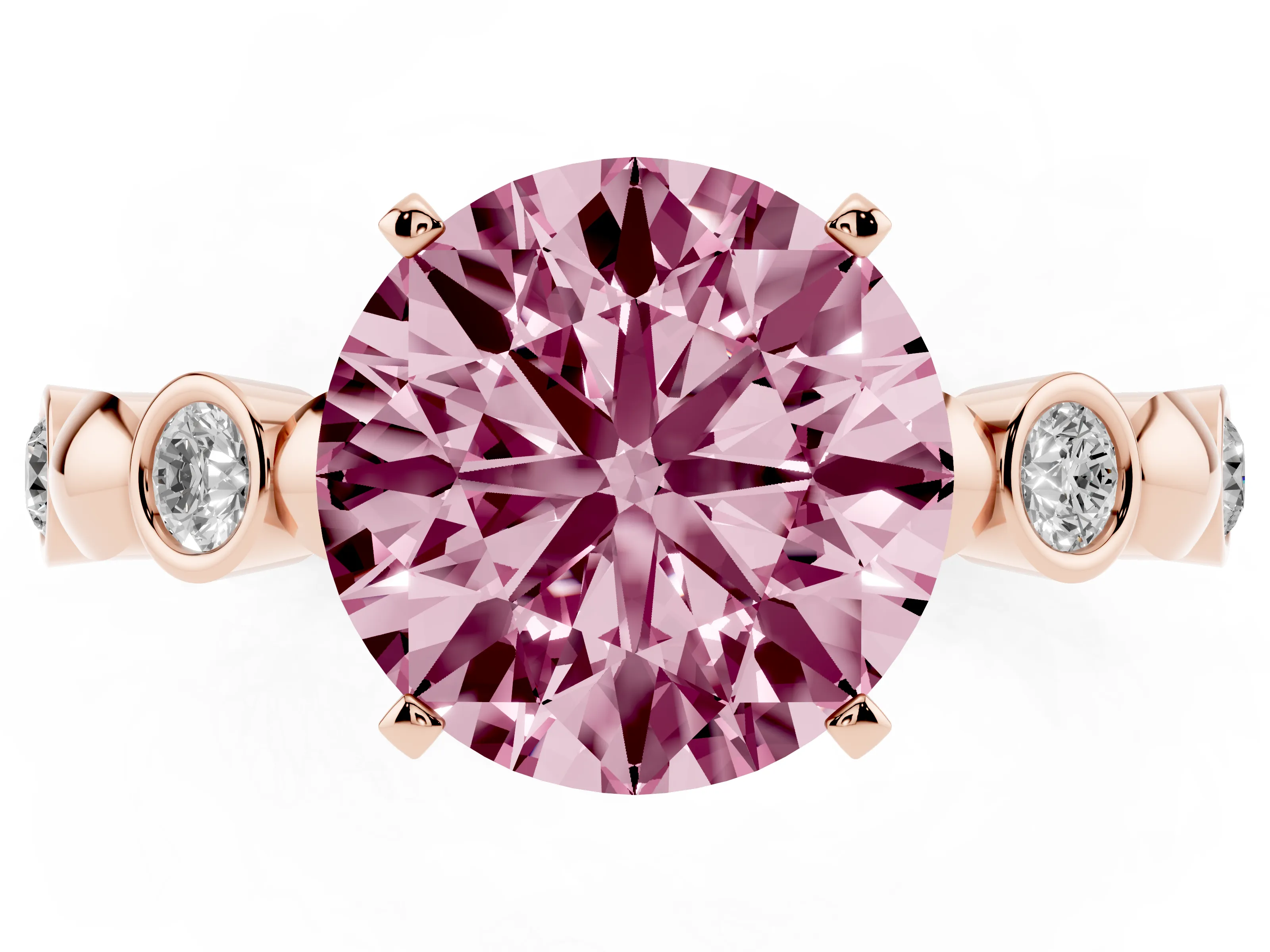 Fancy Pink Round Cut Diamond Solitaire Ring Set in Rose gold with Bezel-Set Accents on Beaded Band and Prong Setting