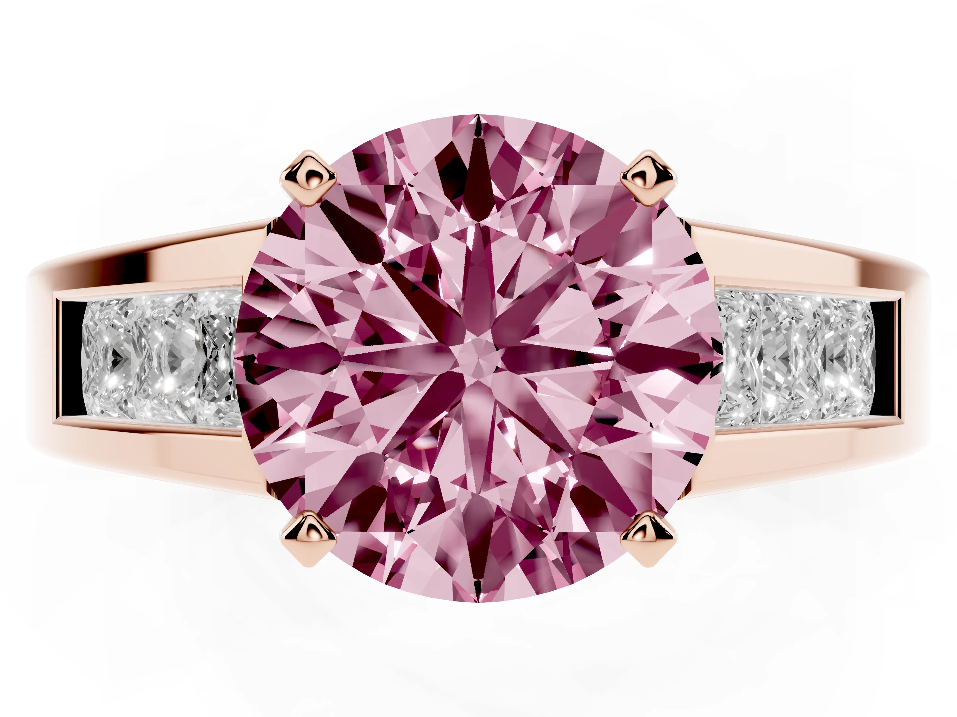 Fancy Pink Round Cut Diamond Solitaire Ring Set in Rose gold with Channel-Set Accent Stones and Prong Setting