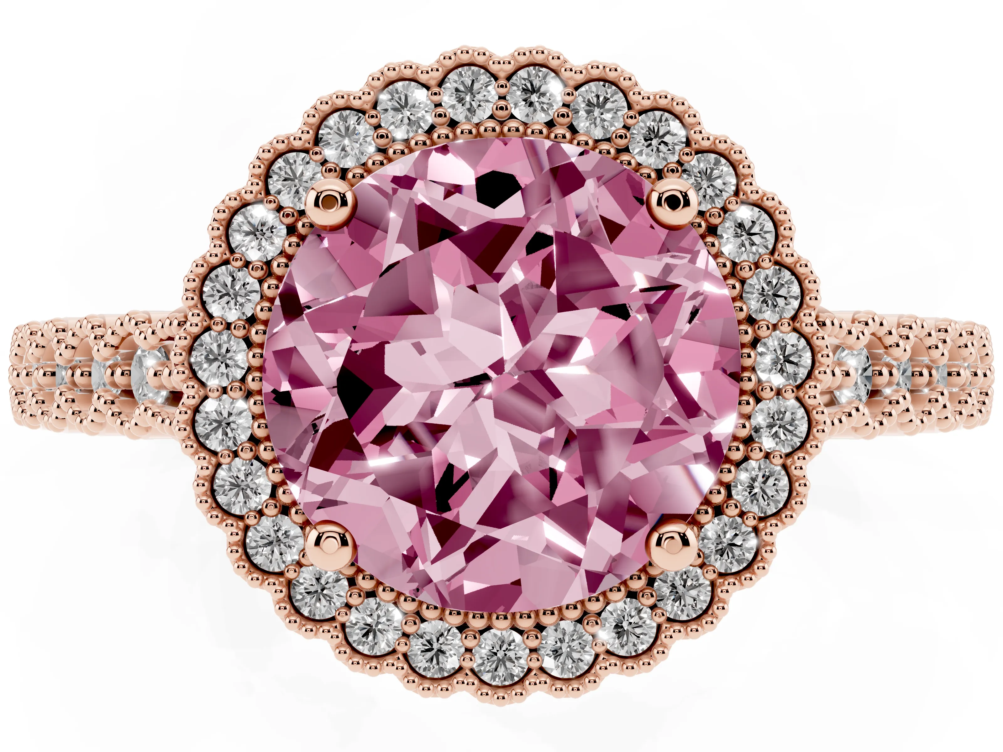 Fancy Pink Round Cut Diamond Halo Ring Set in Rose gold with Pavé Milgrain Band