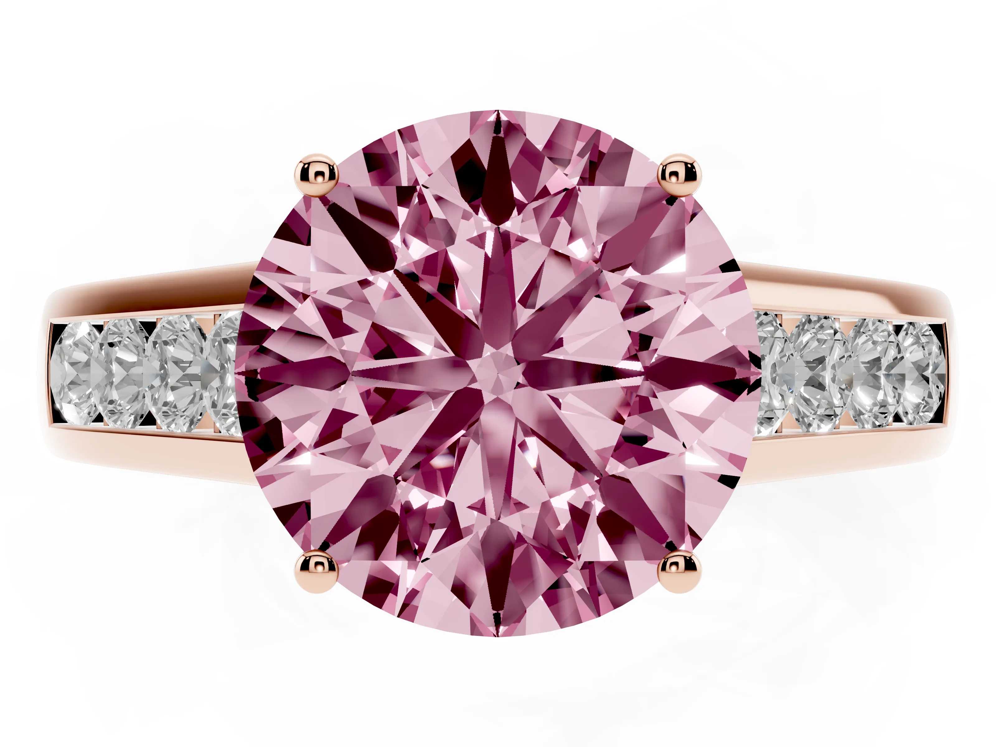 Fancy Pink Round Cut Diamond Solitaire Channel-Set Engagement Ring Set in Rose gold with Prong Setting