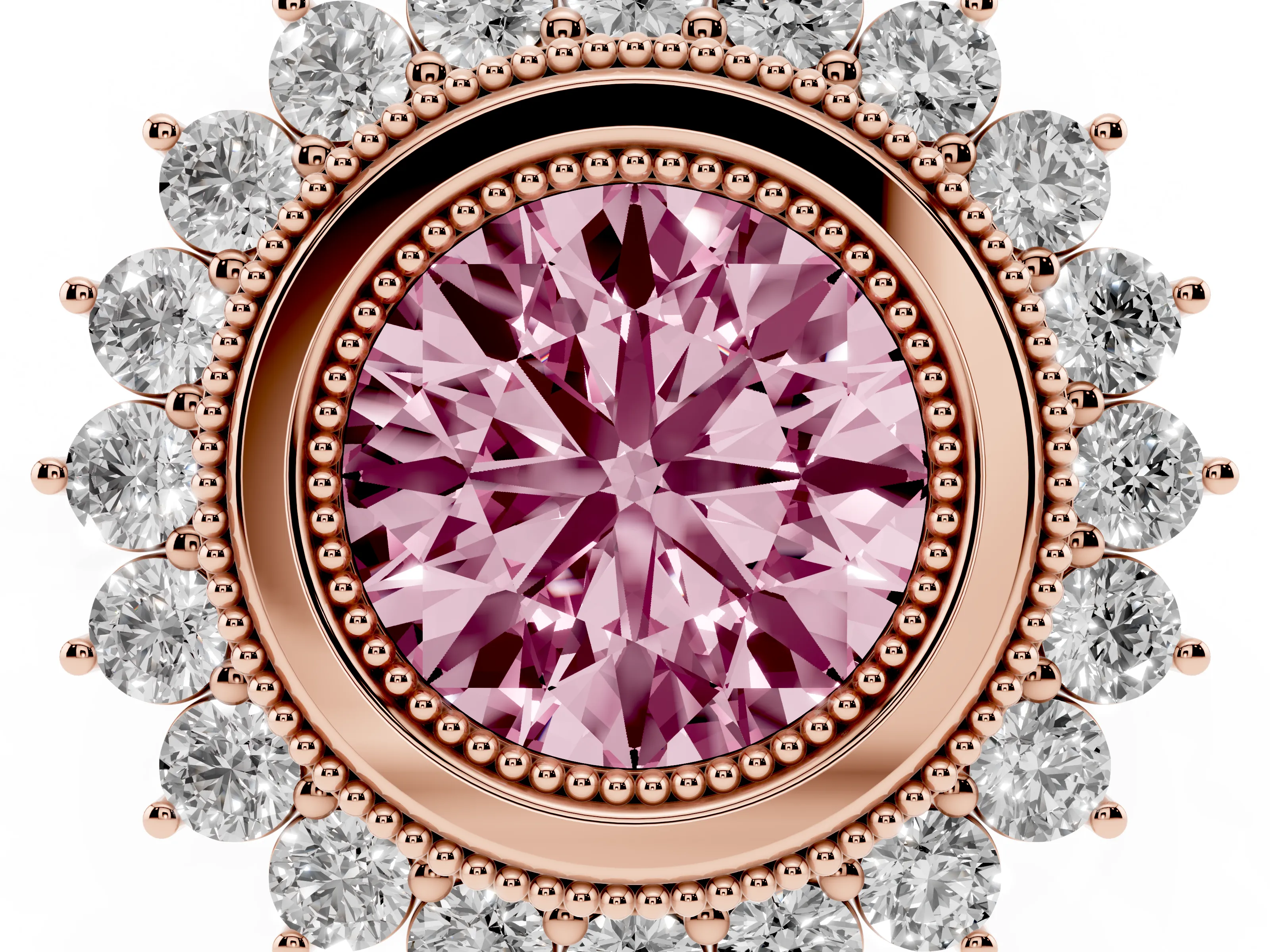 Fancy Pink Round Cut Diamond Halo Ring Set in Rose gold with Milgrain Edge and Round Prong Setting