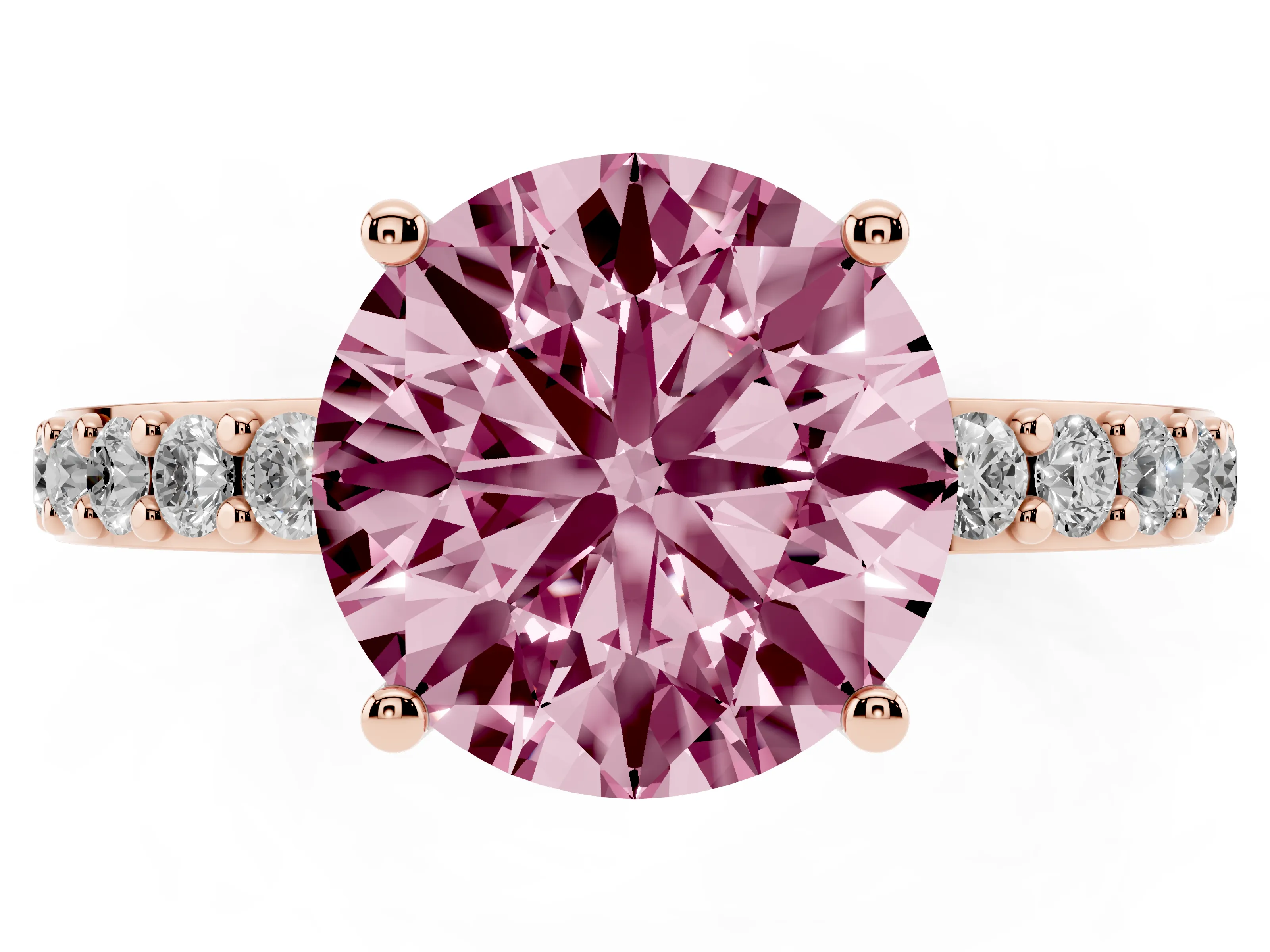 Fancy Pink Round Cut Diamond Solitaire Set in Rose gold with Round Pavé Band and Prong Setting