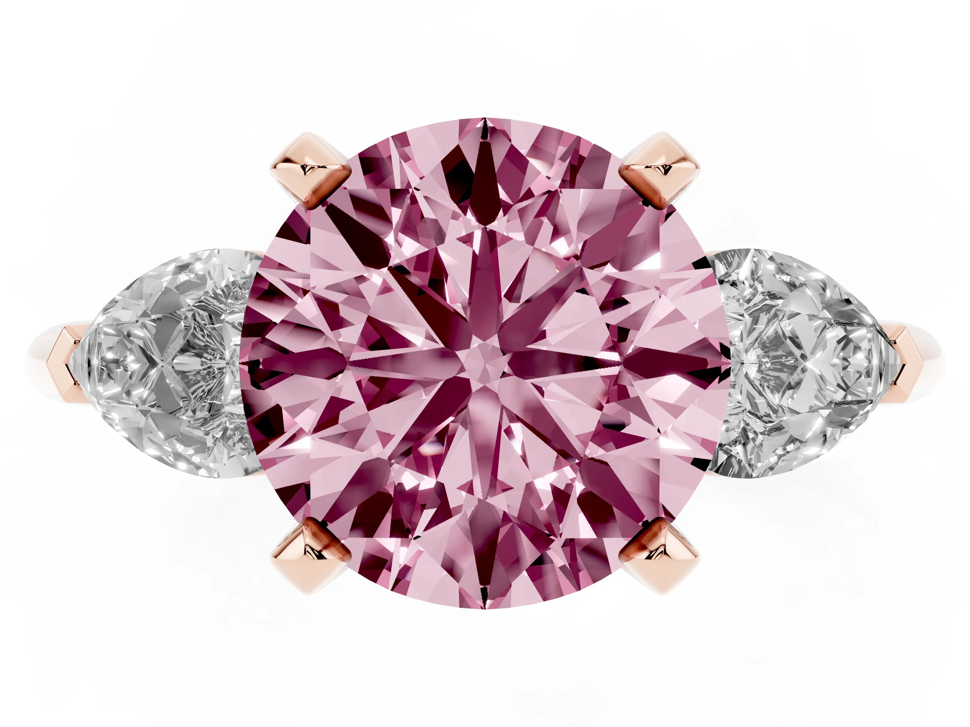 Fancy Pink Three-Stone Round Cut Diamond Ring Set in Rose gold with Pear Side Stones and Prong Setting