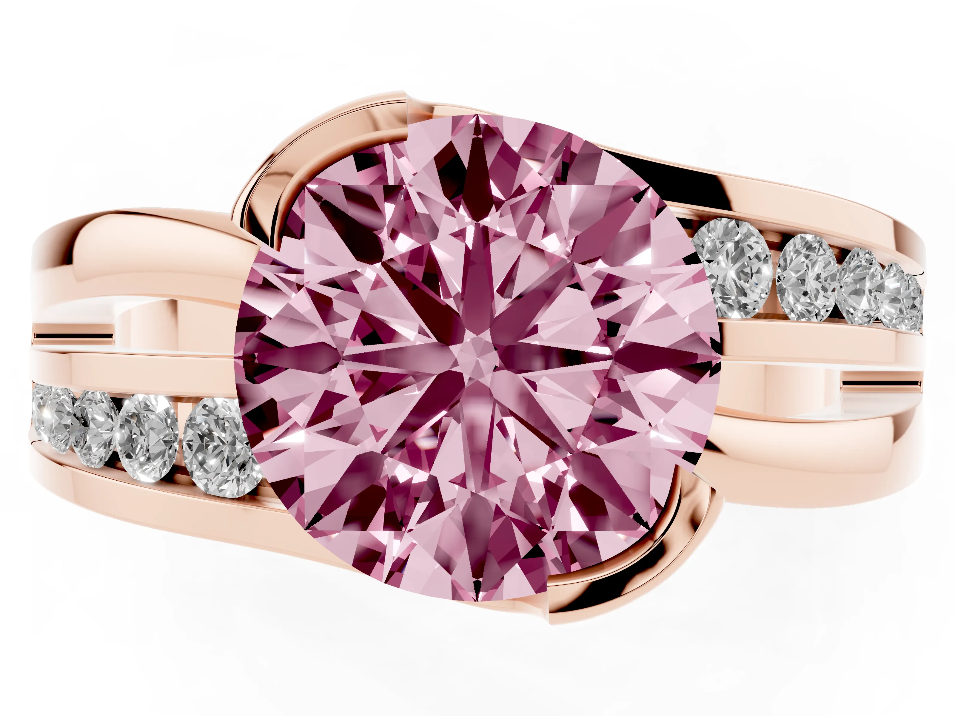 Fancy Pink Round Cut Diamond Solitaire Ring Set in Rose gold with Channel Set Split Shank and Tension Prongs