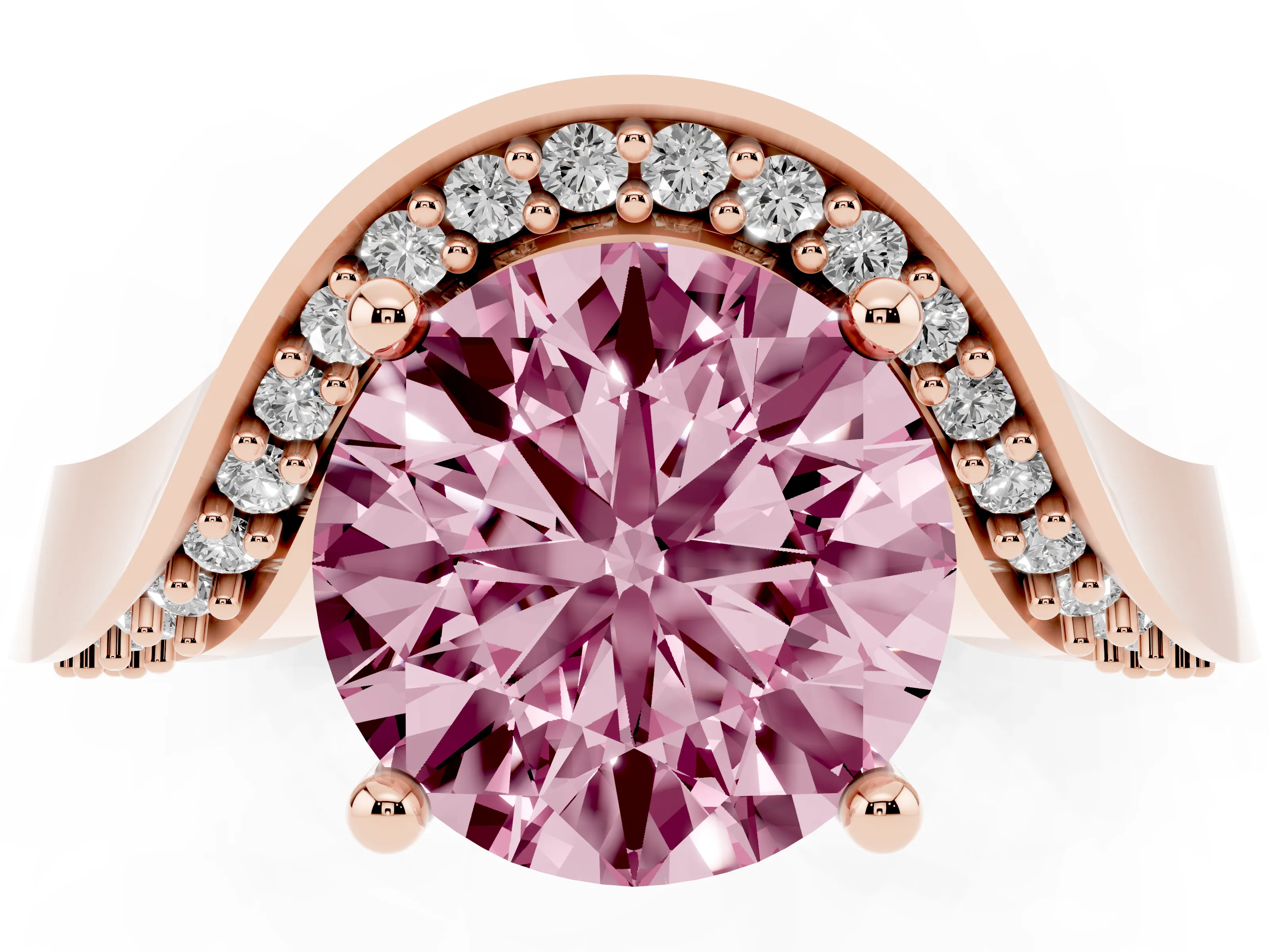 Fancy Pink Round Cut Diamond Solitaire Engagement Ring Set in Rose gold with Pavé Shoulders