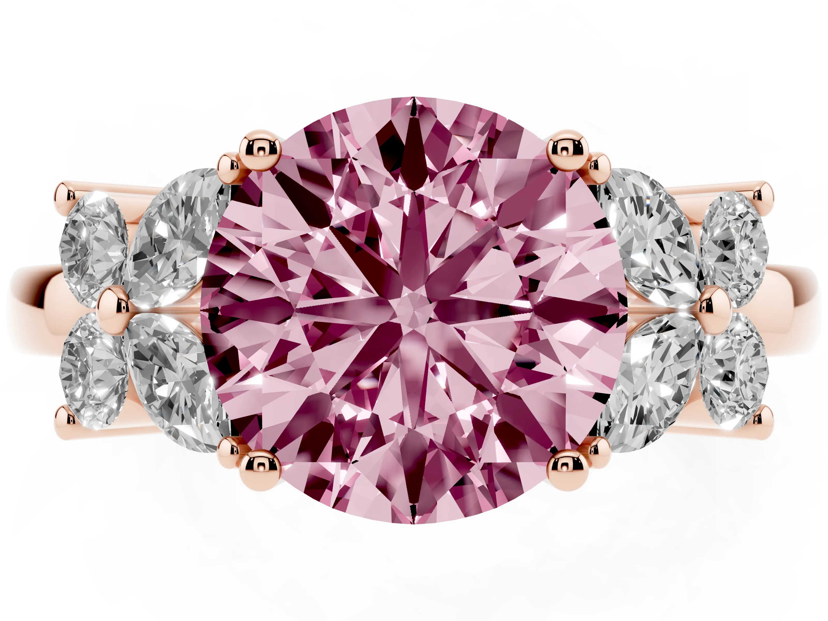 Fancy Pink Round Cut Diamond Floral Cluster Ring Set in Rose gold with Marquise Petals and Prong Setting