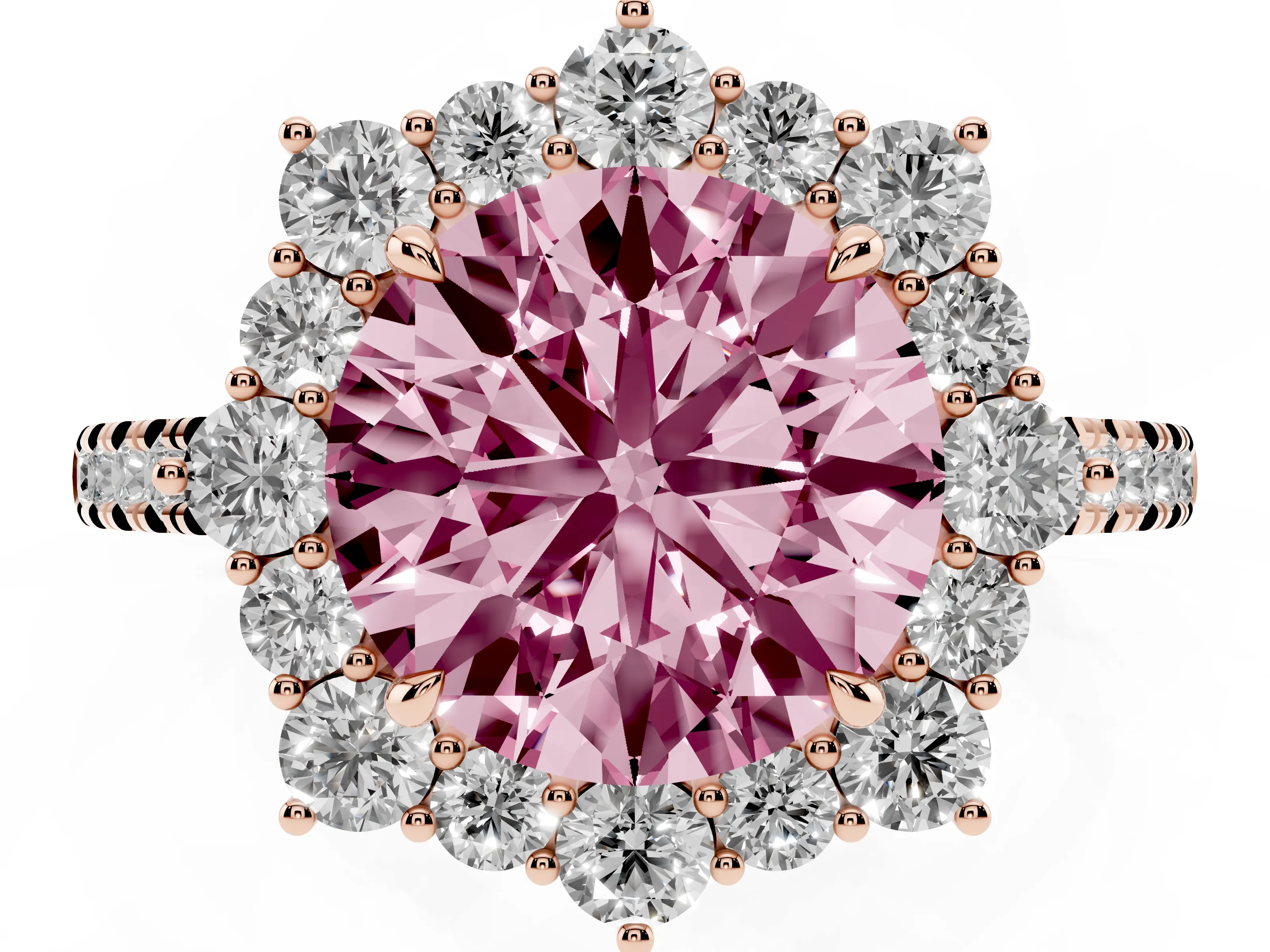 Fancy Pink Round Cut Diamond Halo Ring Set in Rose gold with Pavé Band and Prong Setting
