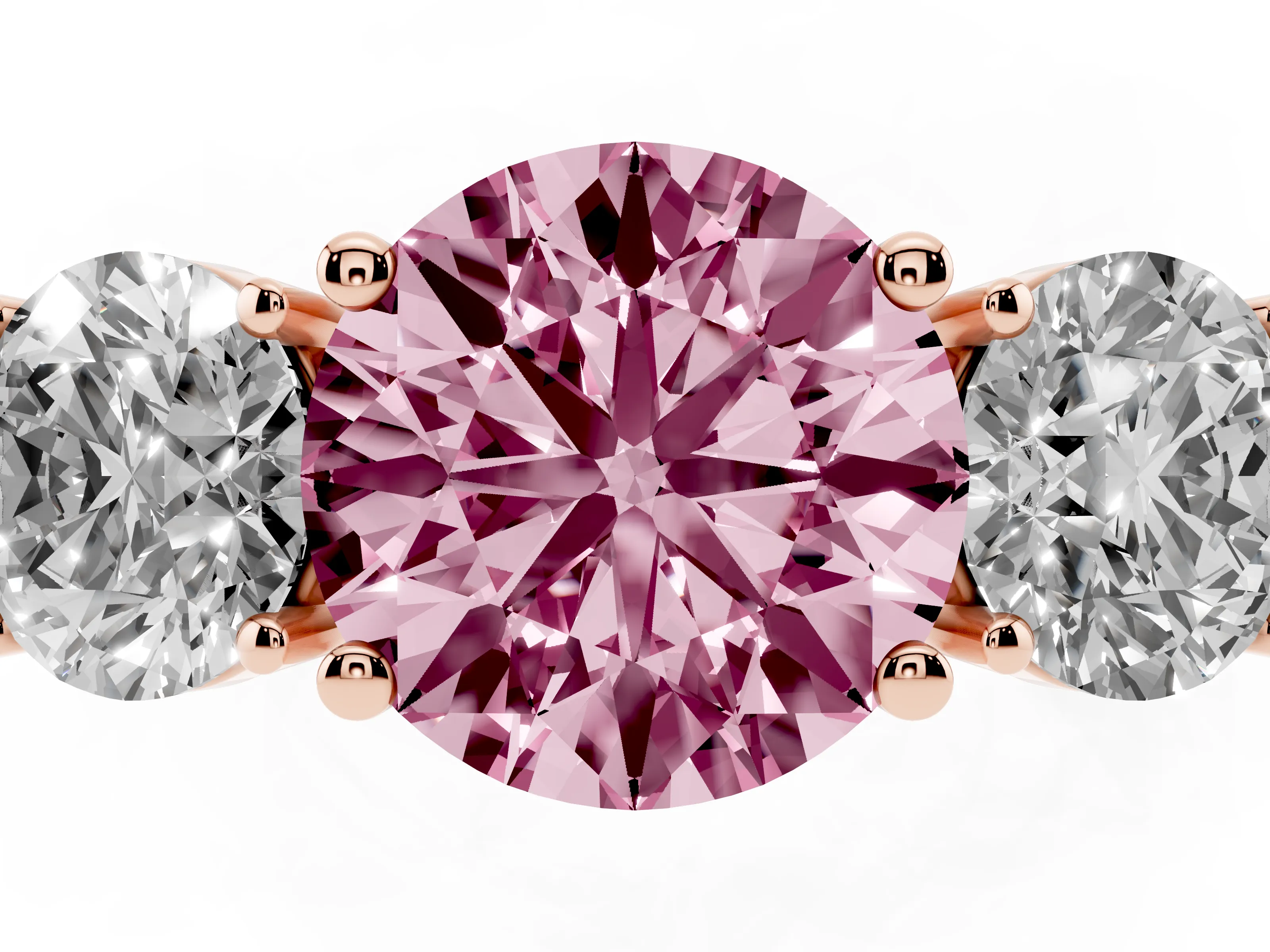 Fancy Pink Round Cut Diamond Three-Stone Engagement Ring Set in Rose gold with Flat Band