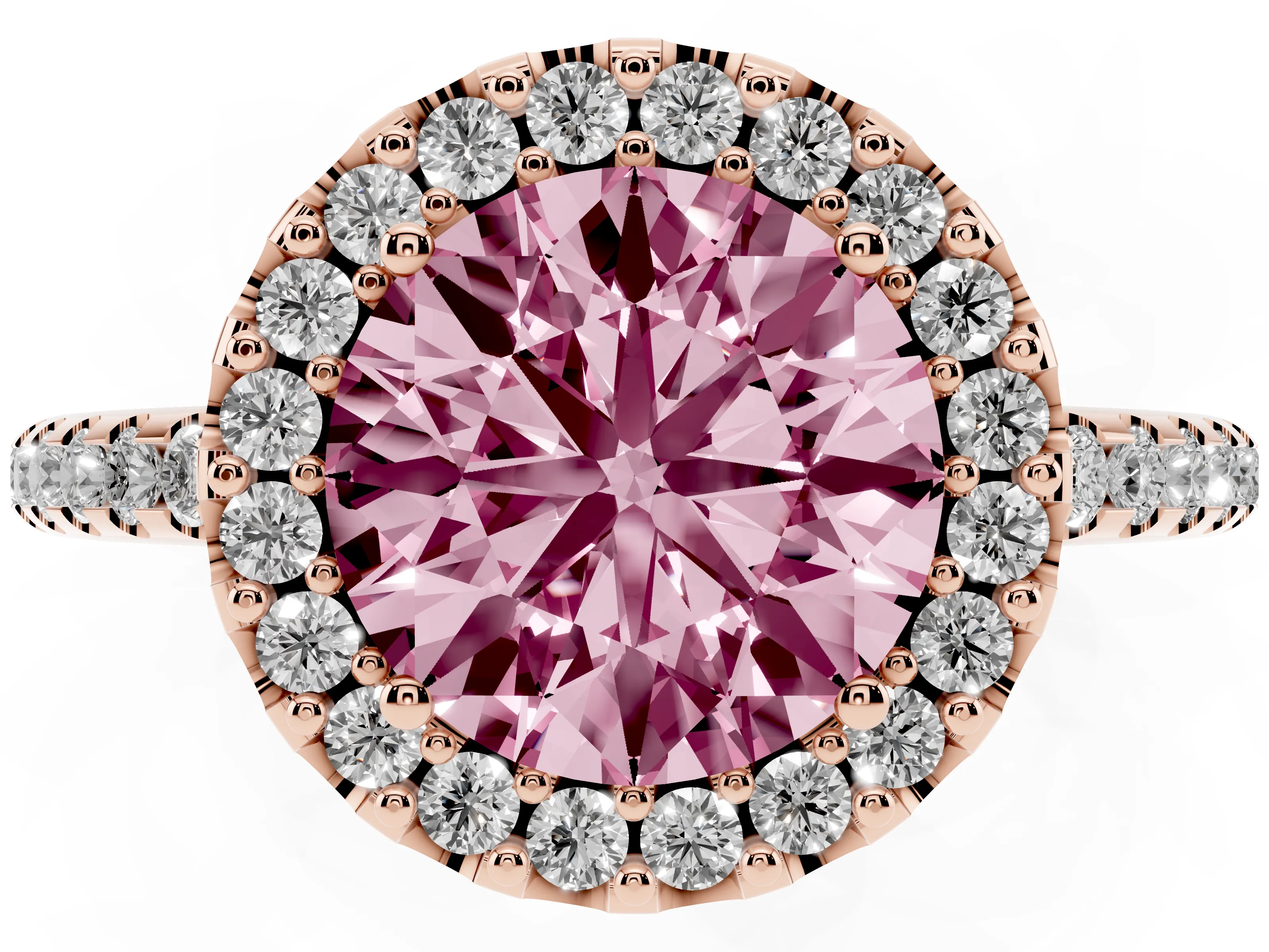Fancy Pink Round Cut Diamond Pavé Halo Ring Set in Rose gold with Prong Setting